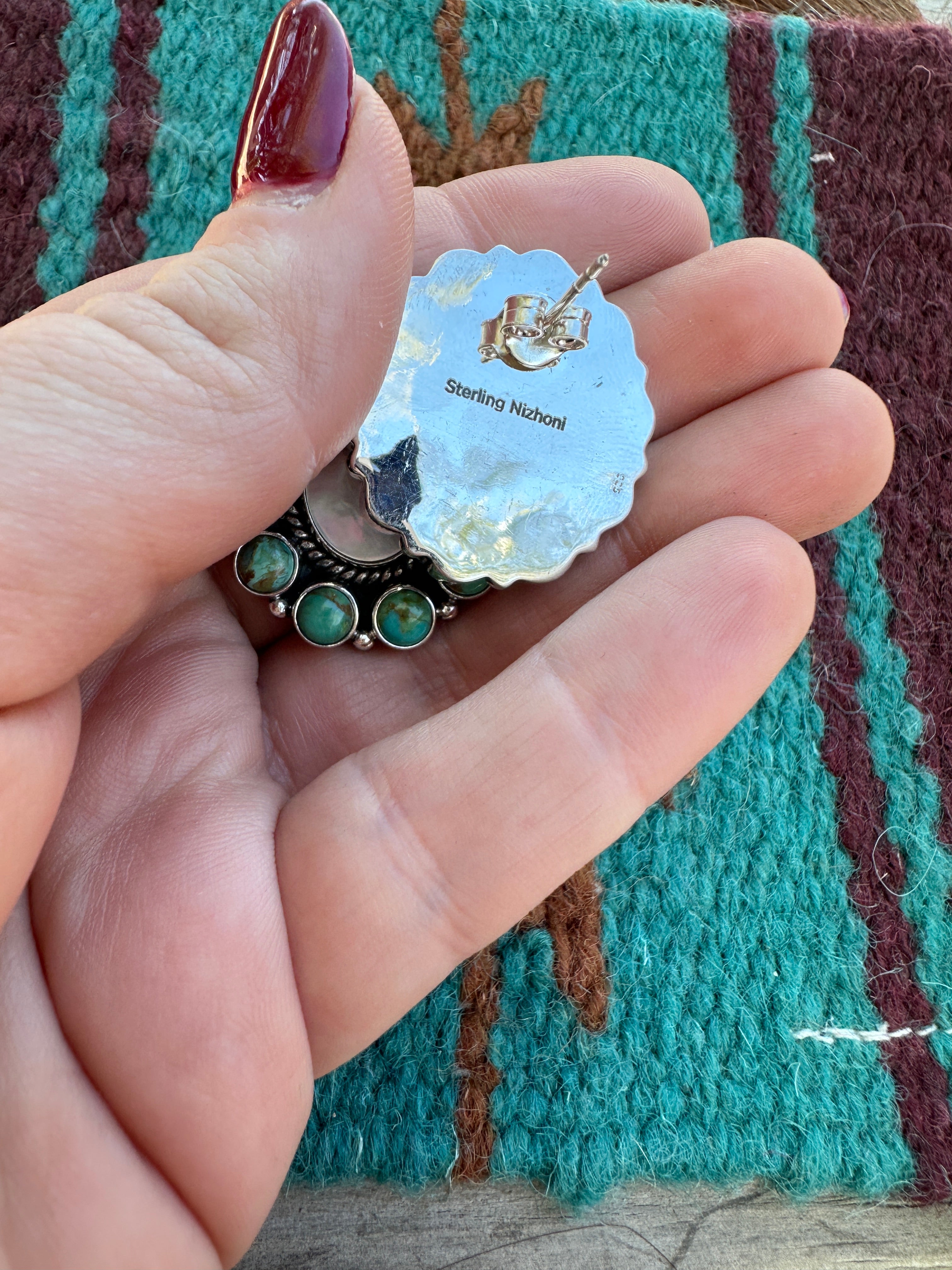 Handmade Turquoise, Mother of Pearl and Sterling Silver Post Earrings