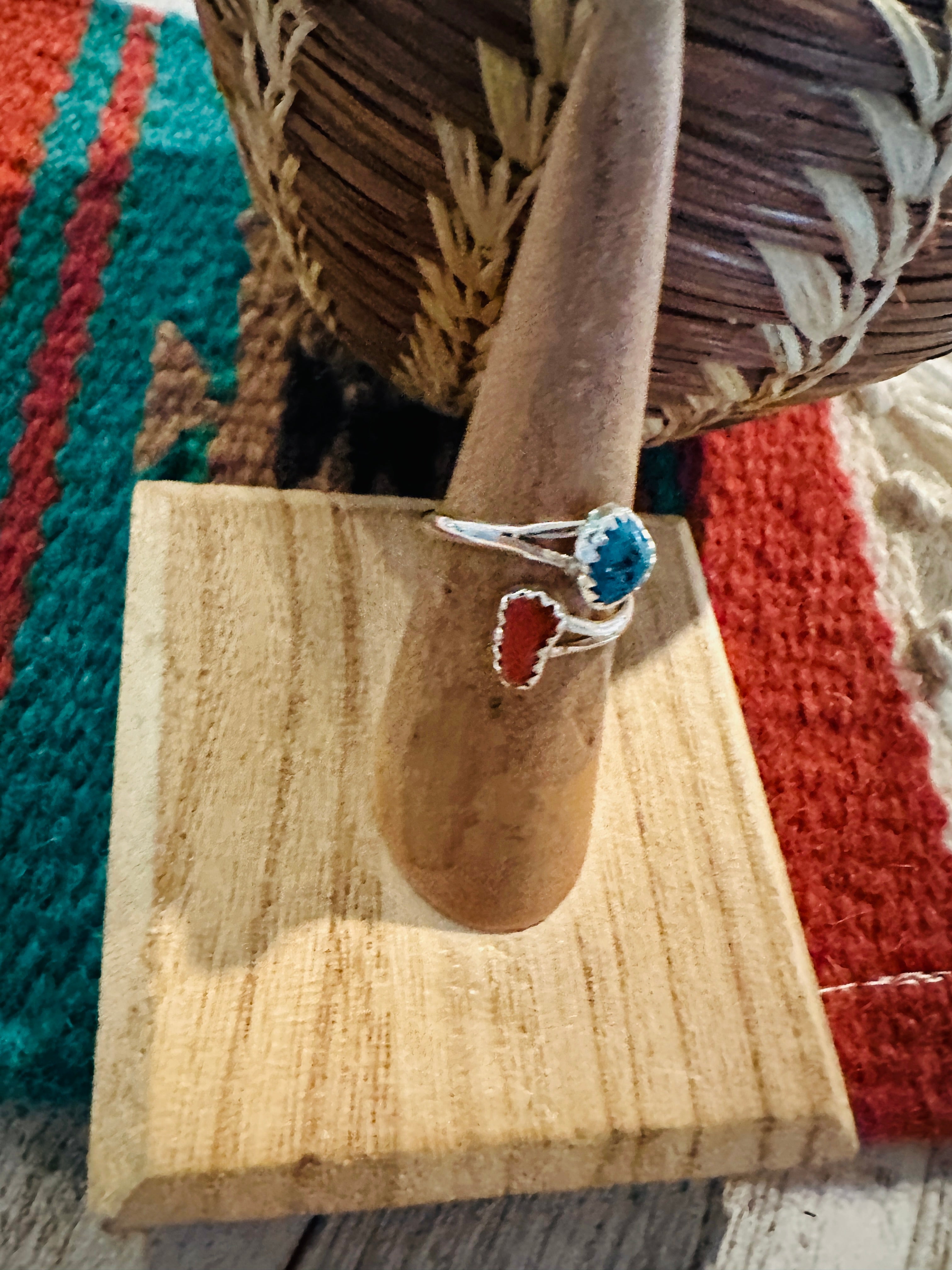 Navajo Sterling Silver, Coral & Turquoise Adjustable Rings