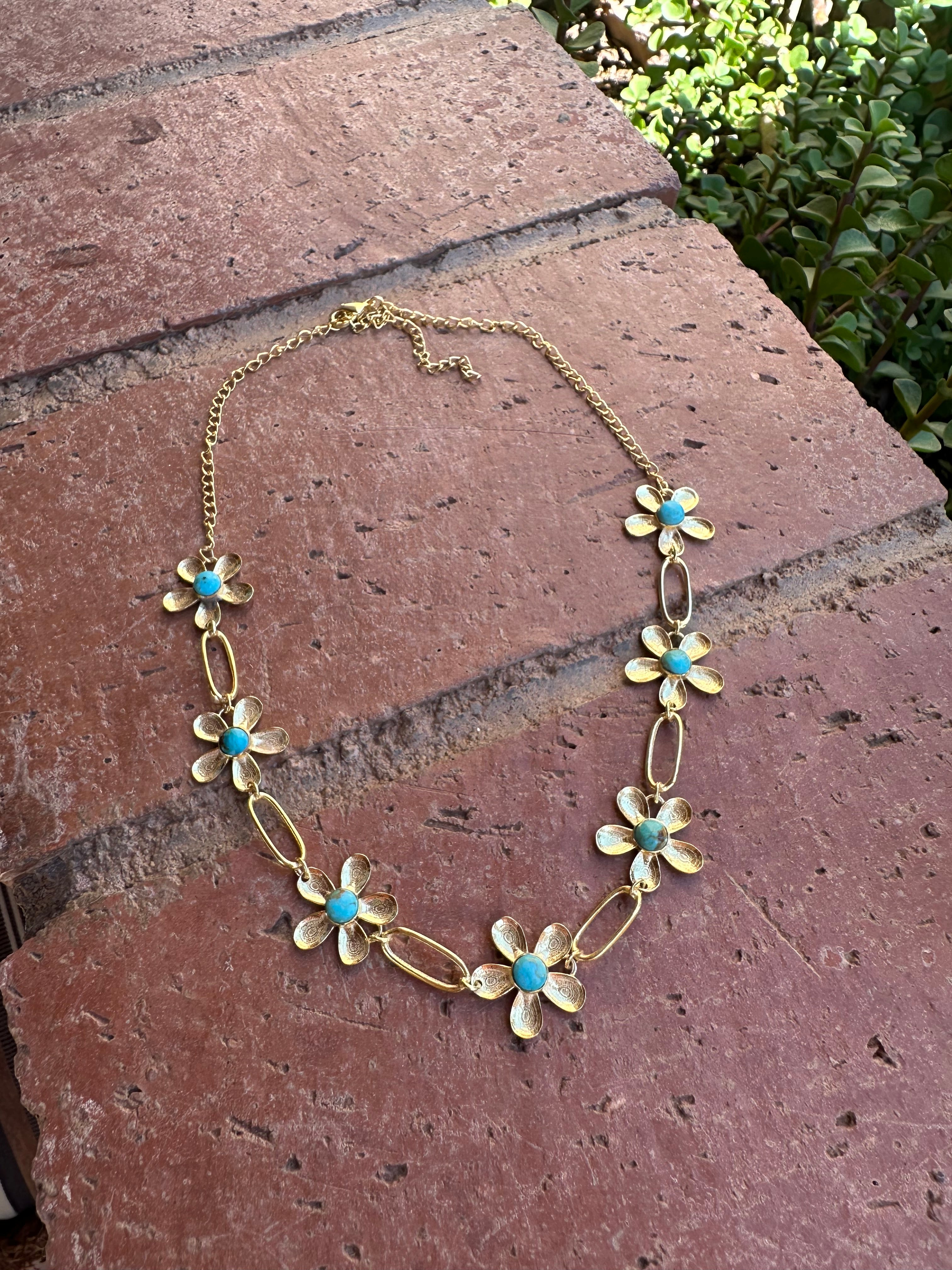 “The Golden Collection” Handmade Natural Turquoise Gold Plated Daisy Link Choker 14-18.5”