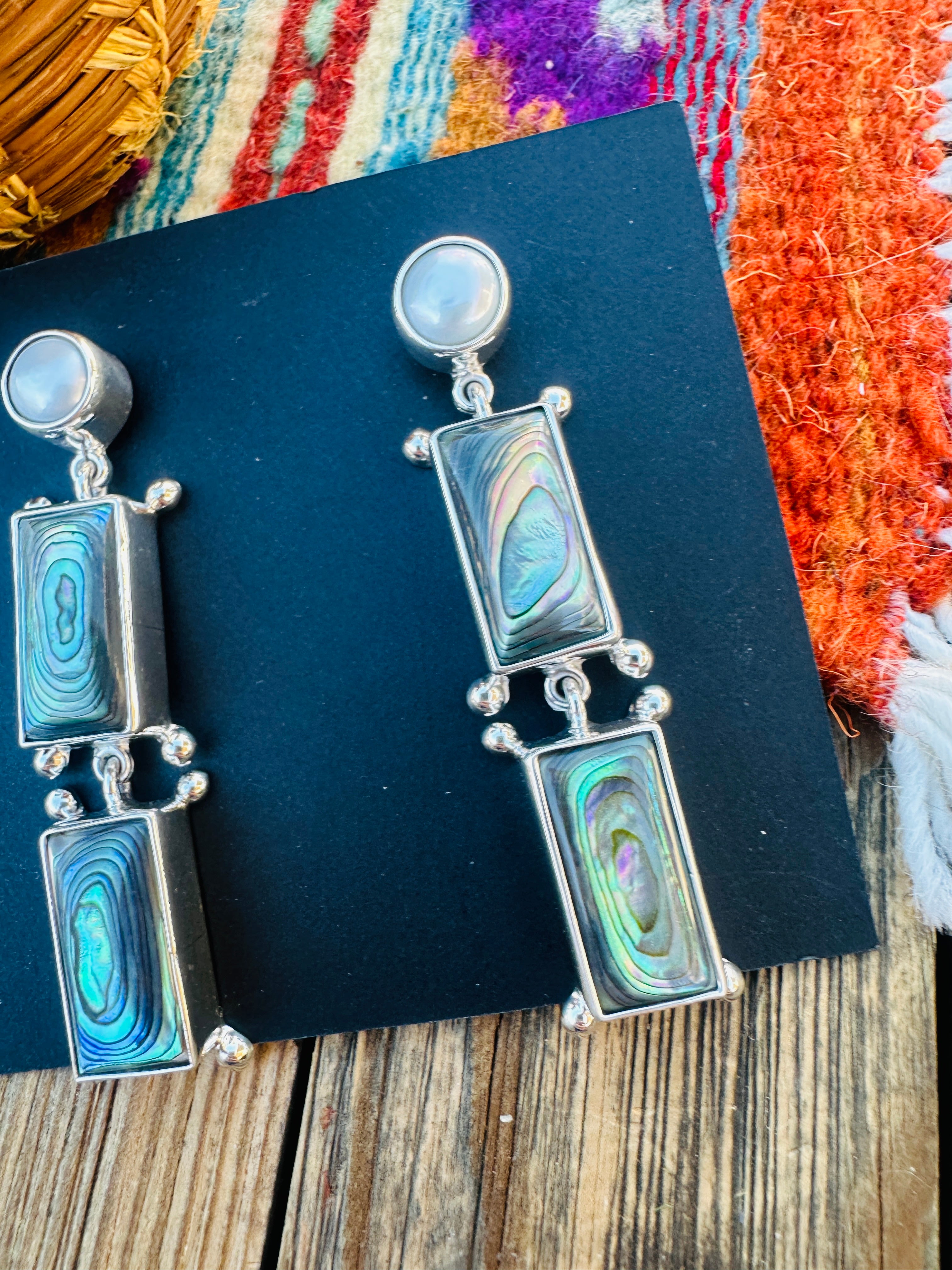 Handcrafted Abalone, Mother of Pearl & Sterling Silver Dangle Earrings by Federico Jimenez