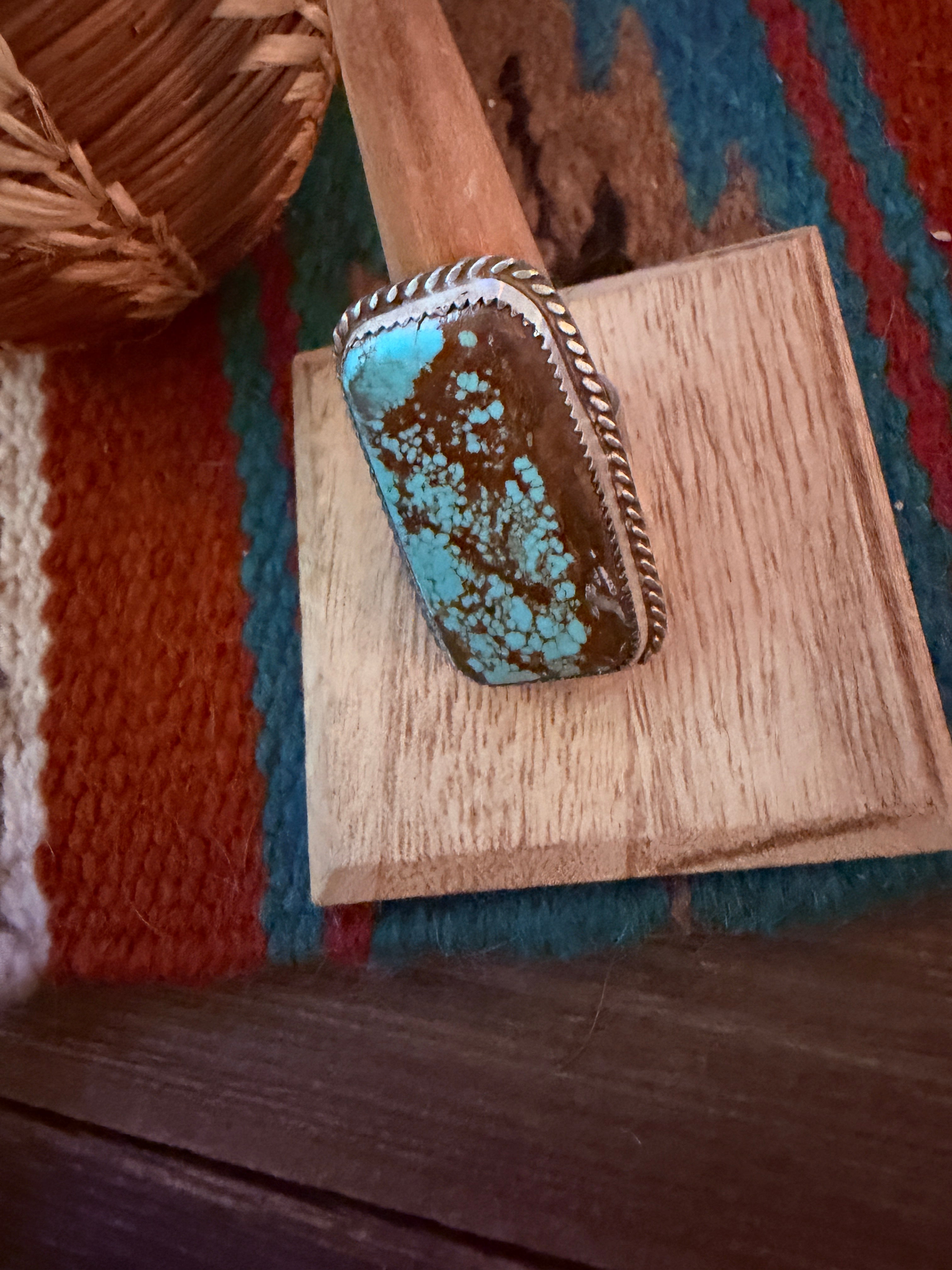 Handcrafted Royston Turquoise & Sterling Silver Ring Size 8.5 by Leslie Nez