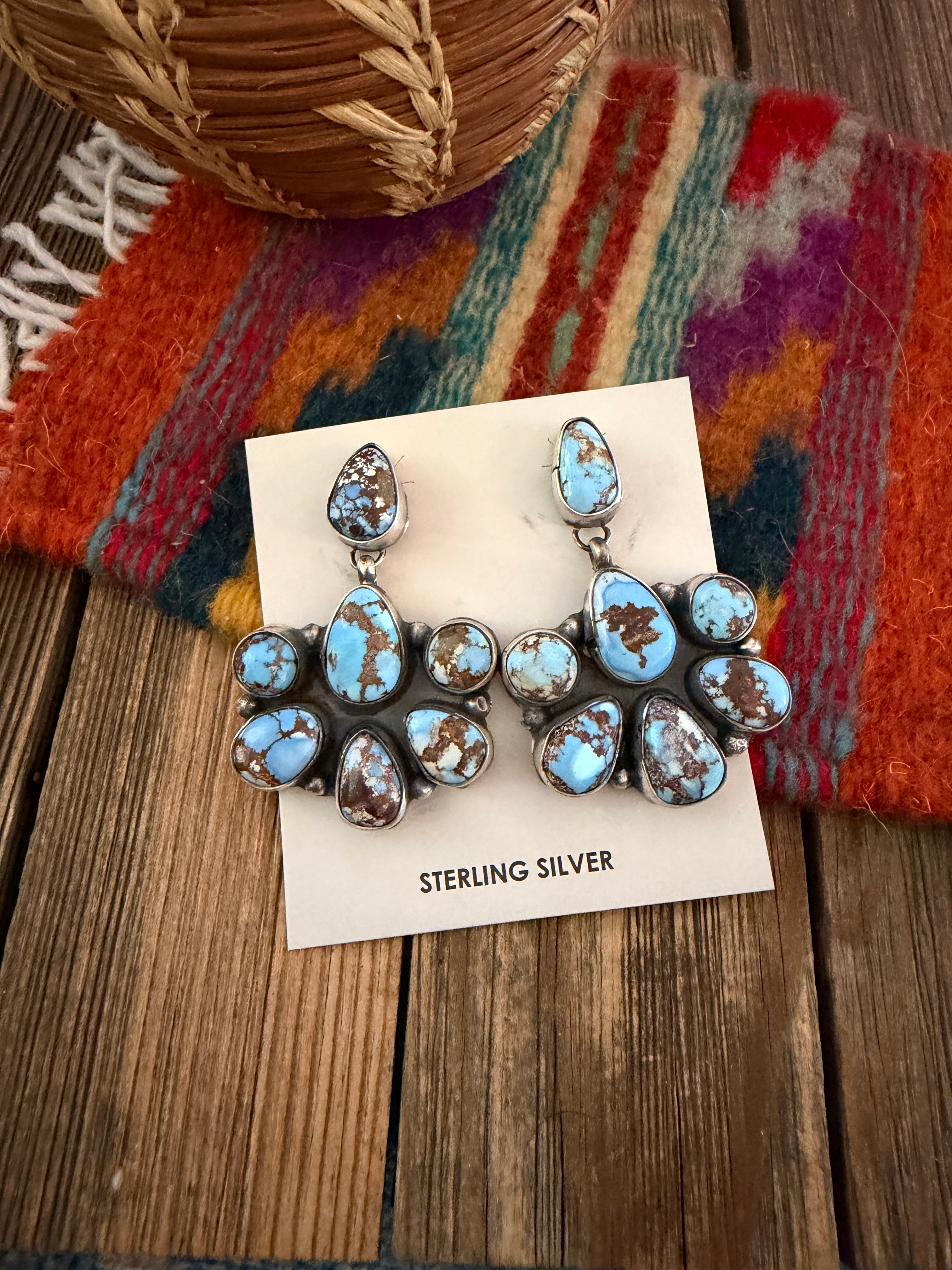 Handcrafted Golden Hills Turquoise & Sterling Silver Cluster Dangle Earrings