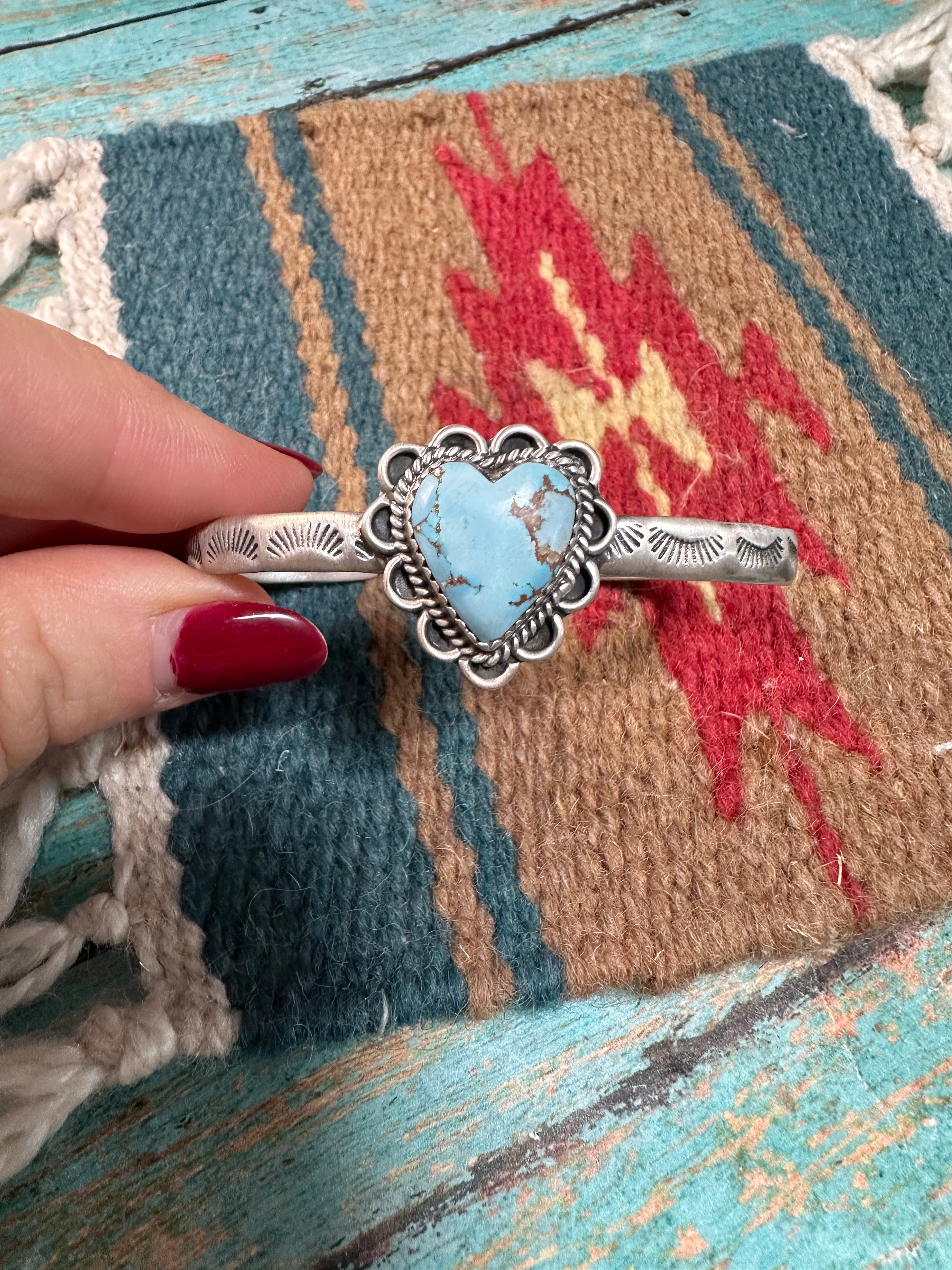 Handmade Sterling Silver Golden Hills Turquoise Adjustable Heart Cuff Bracelet