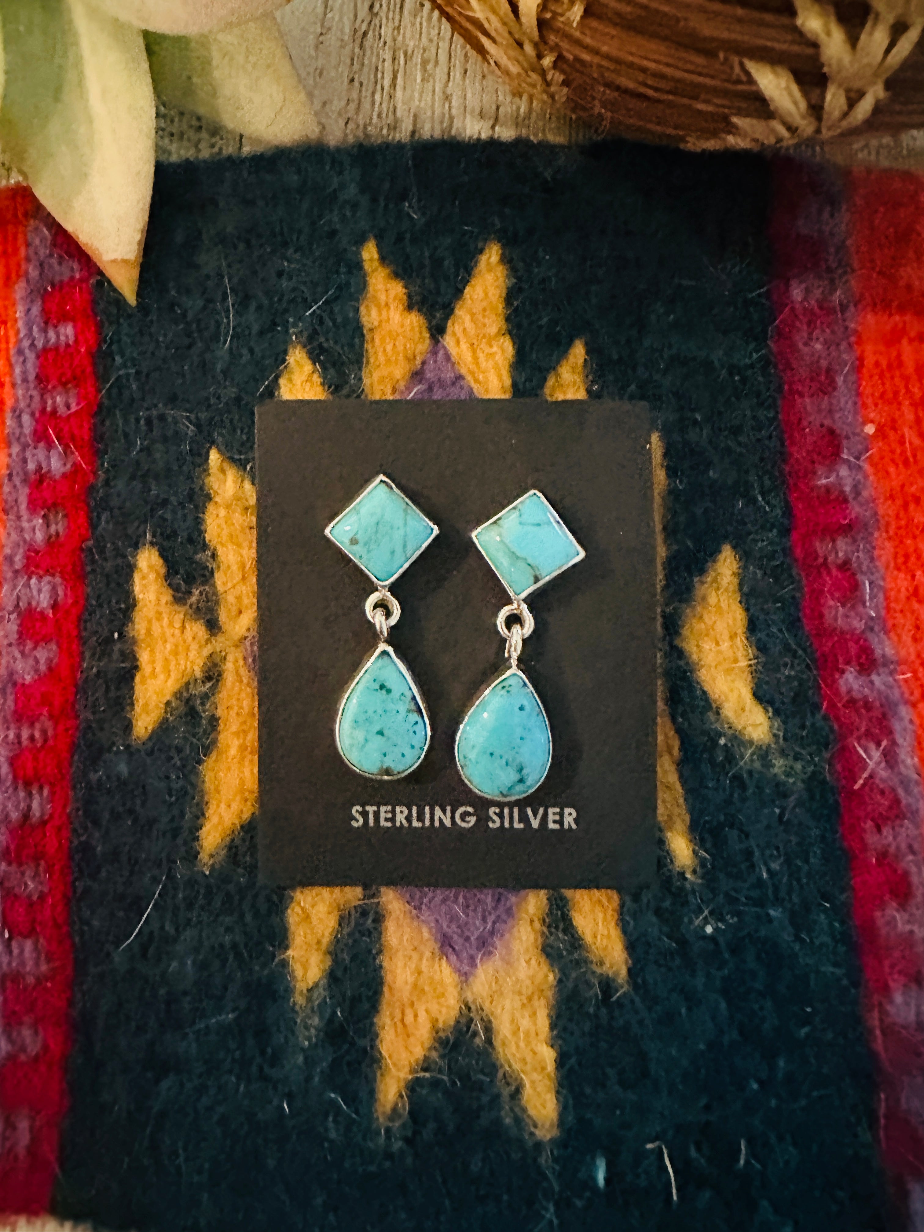 Navajo Turquoise and Sterling Silver Two Stone Dangle Earrings