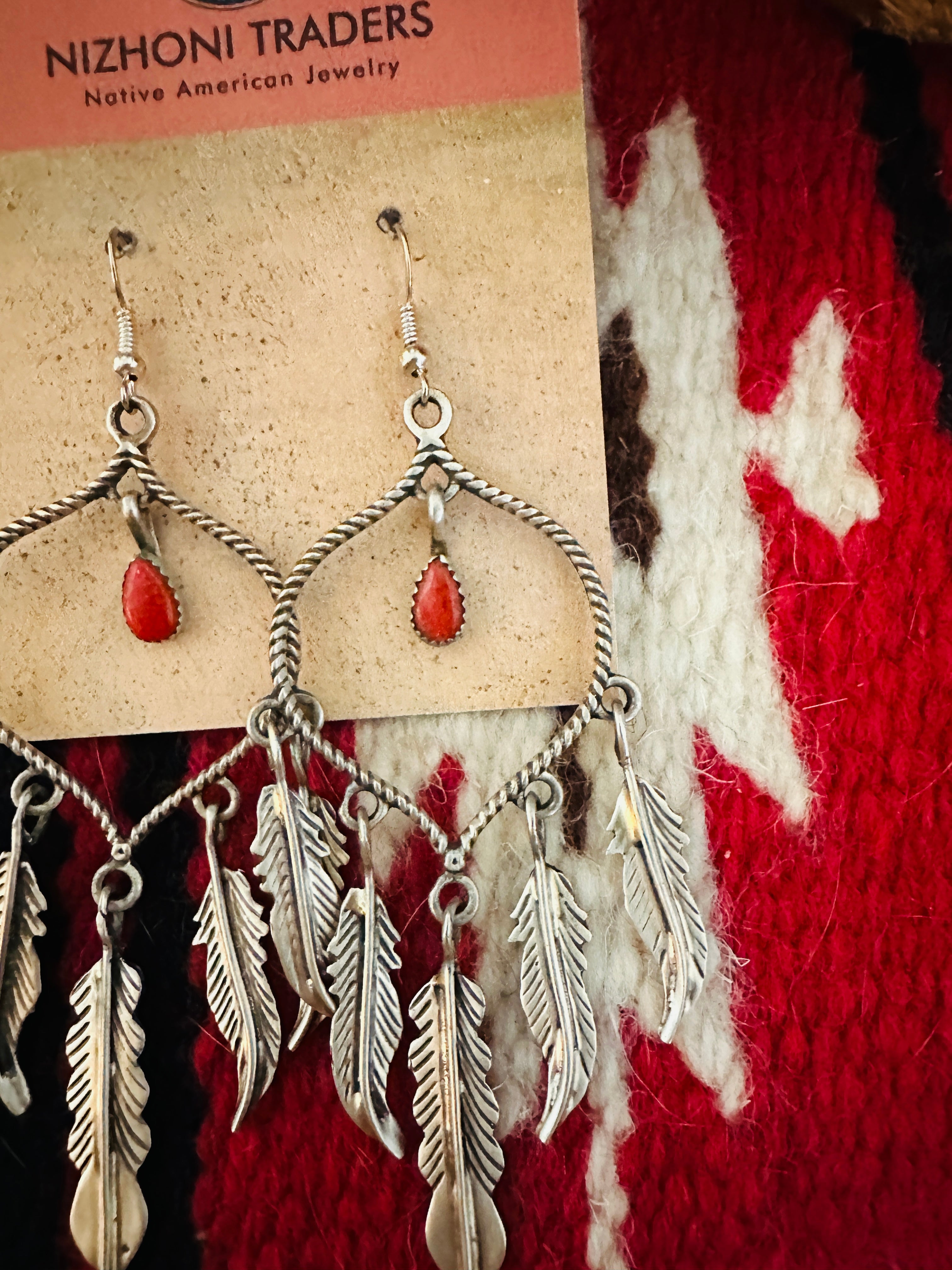 Navajo Coral & Sterling Silver Feather Dangle Earrings