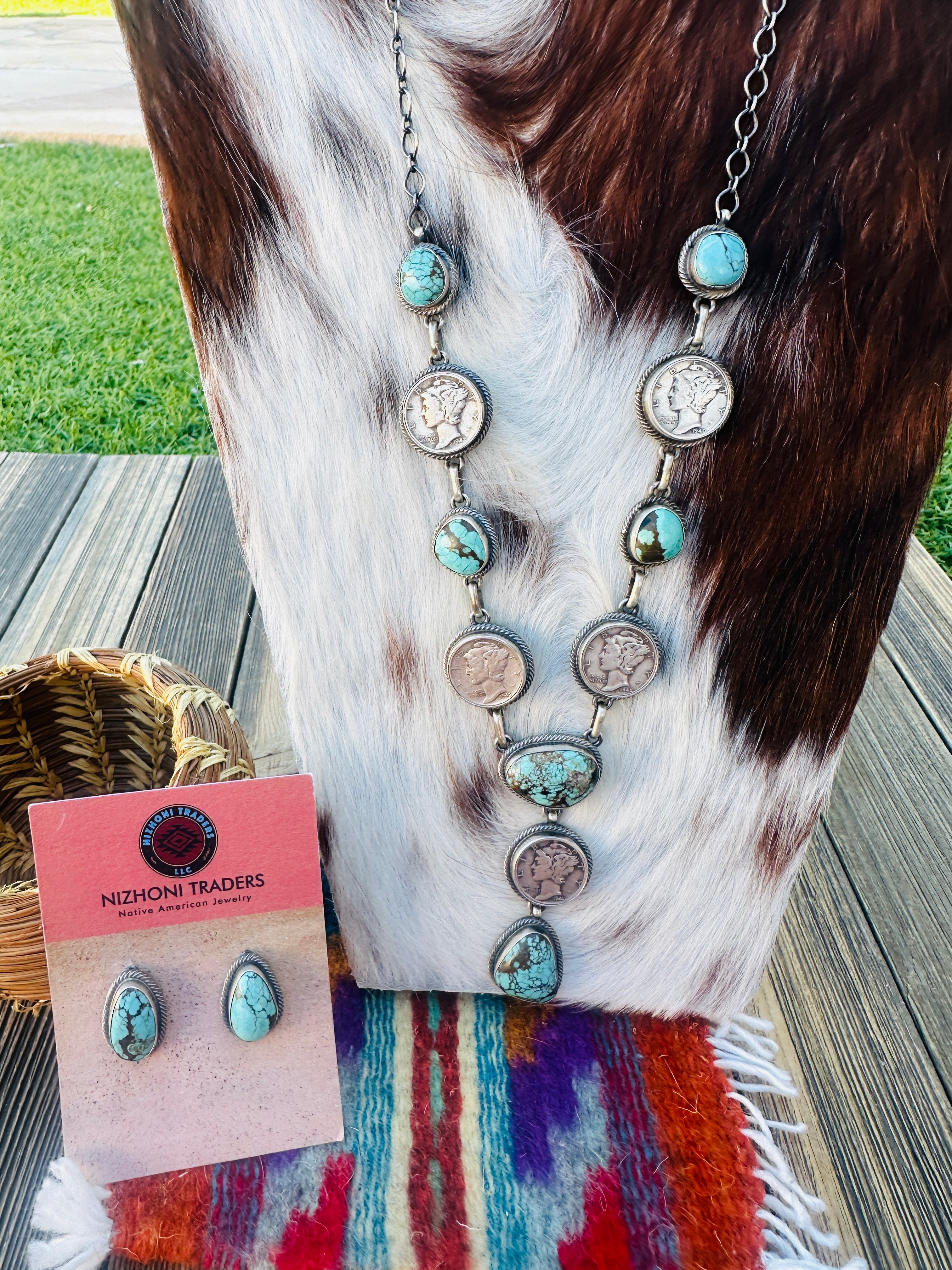 Handcrafted Turquoise & Sterling Silver Liberty Dime Necklace and Earrings Set