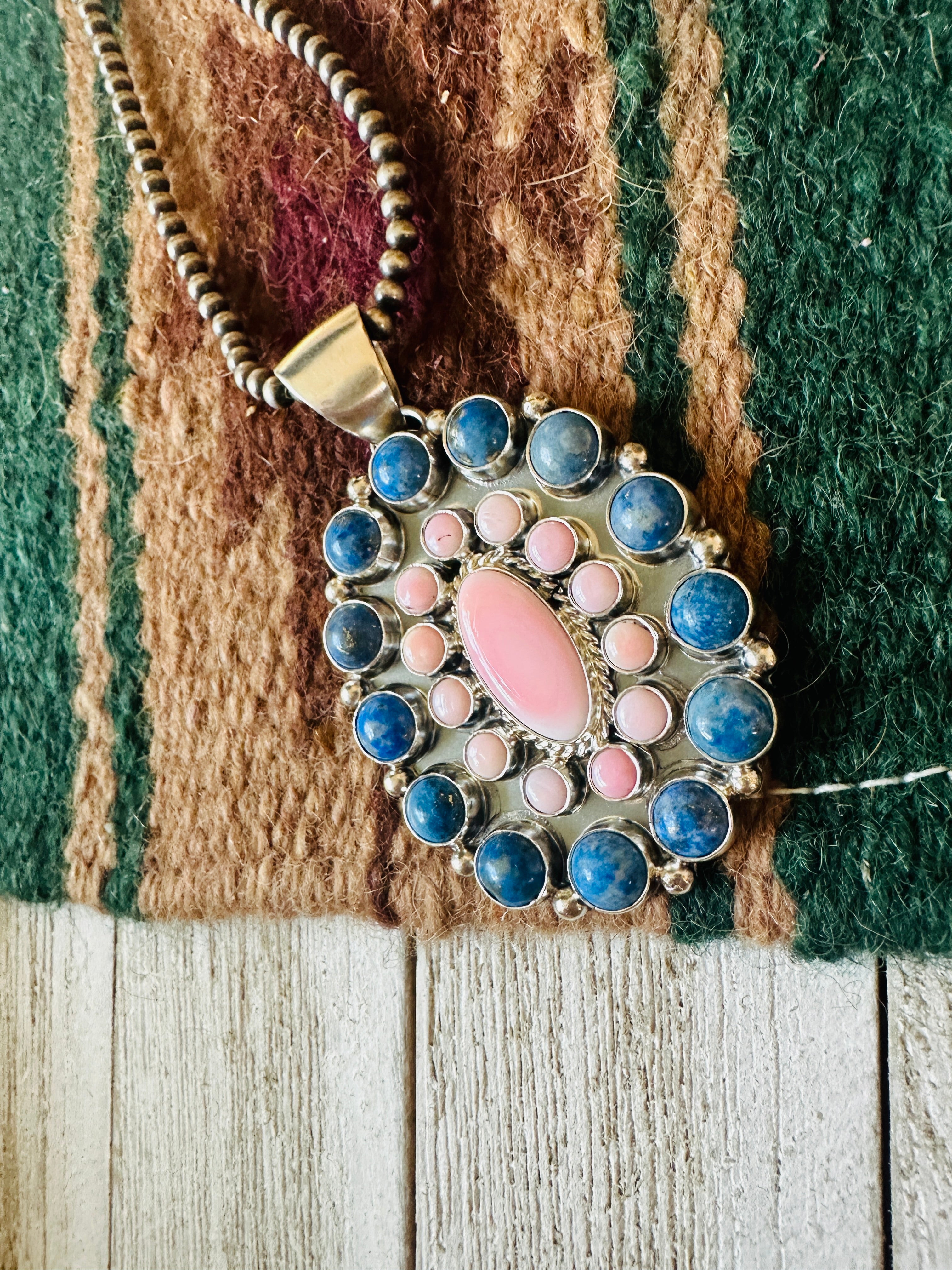 Navajo Queen Pink Conch, Lapis & Sterling Silver Cluster Pendant