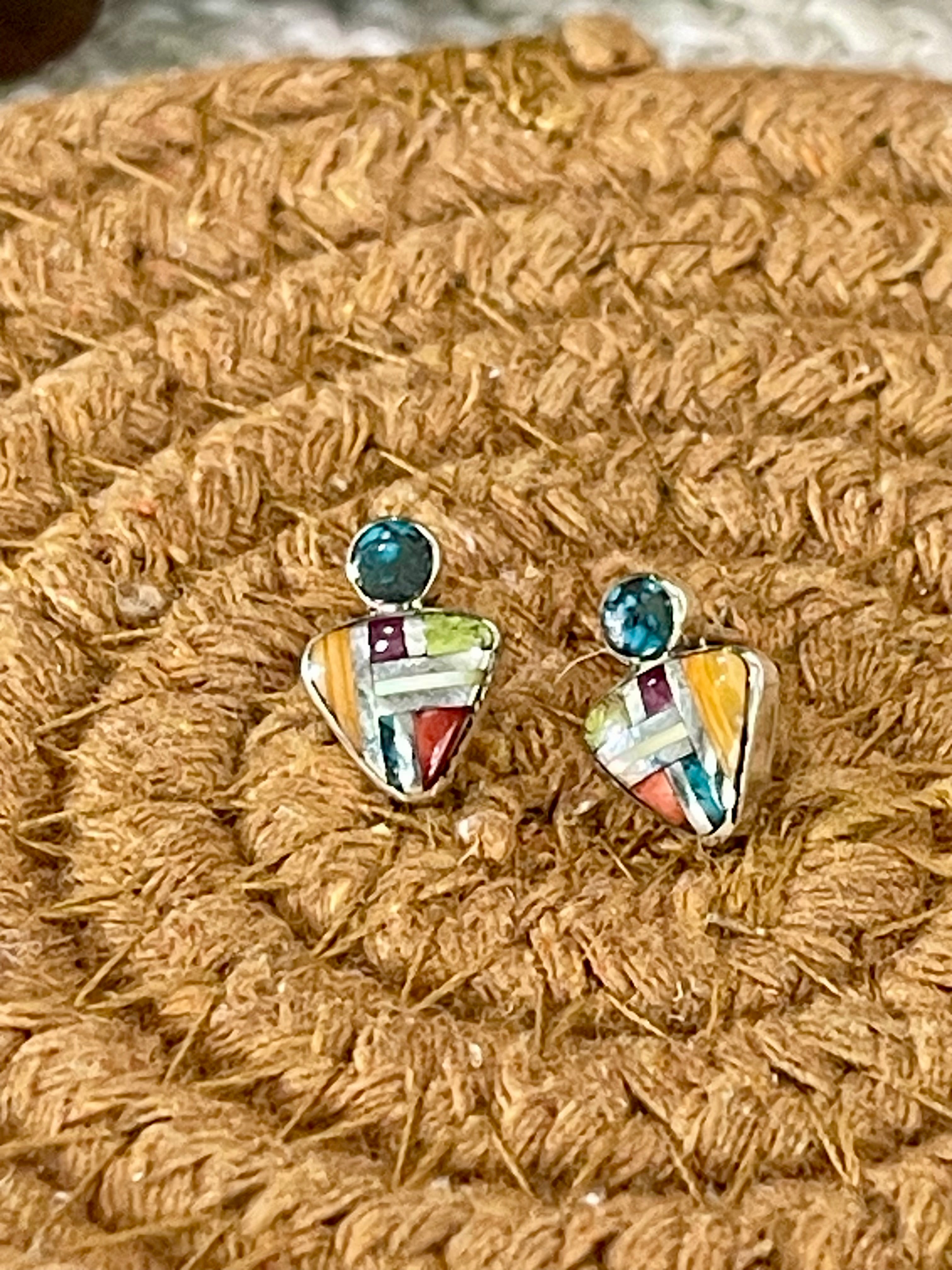 Beautiful Handmade Sterling Silver & Multi Stone Inlay Post Earrings