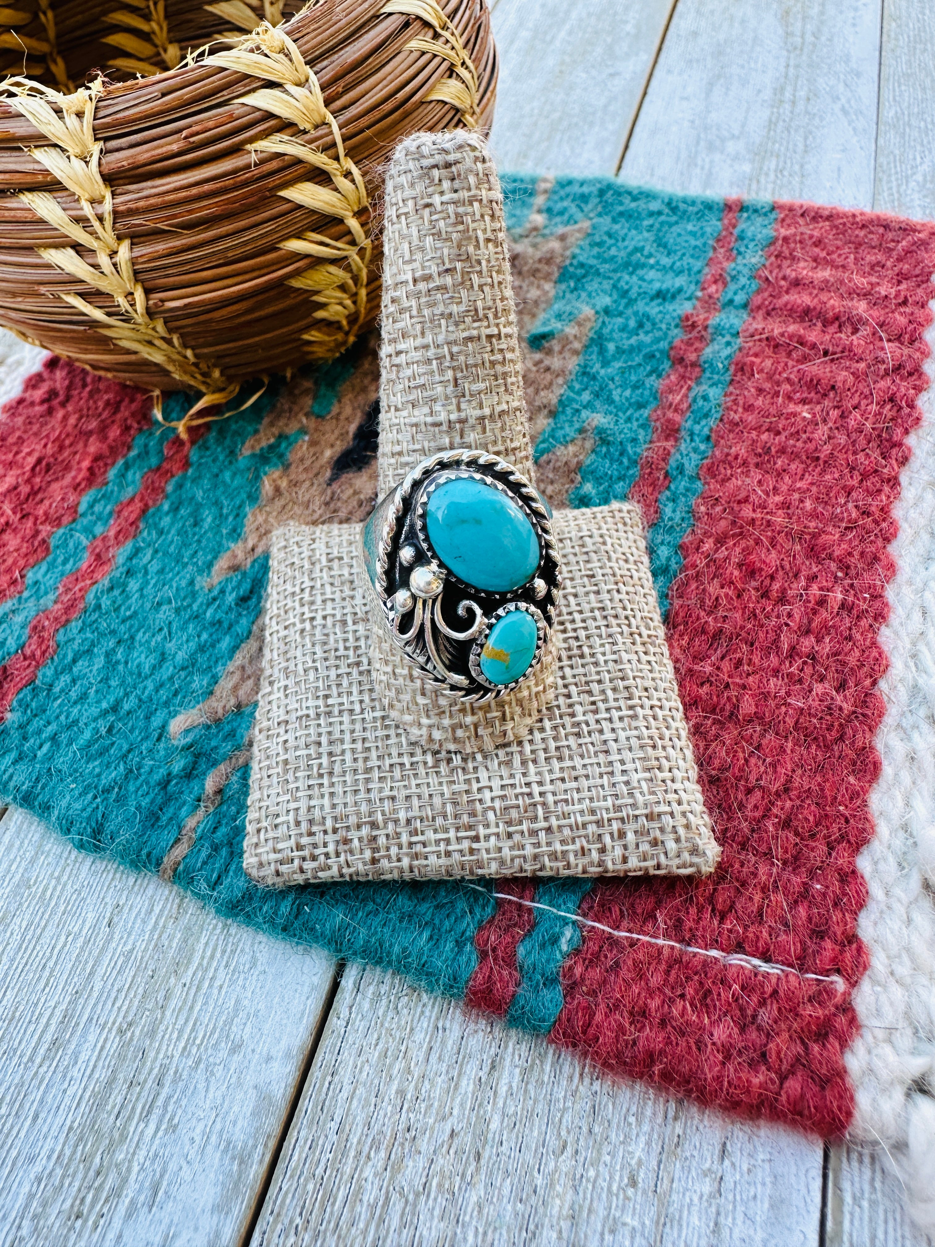 Handcrafted Turquoise & Sterling Silver Cigar Band Ring Size 10.5