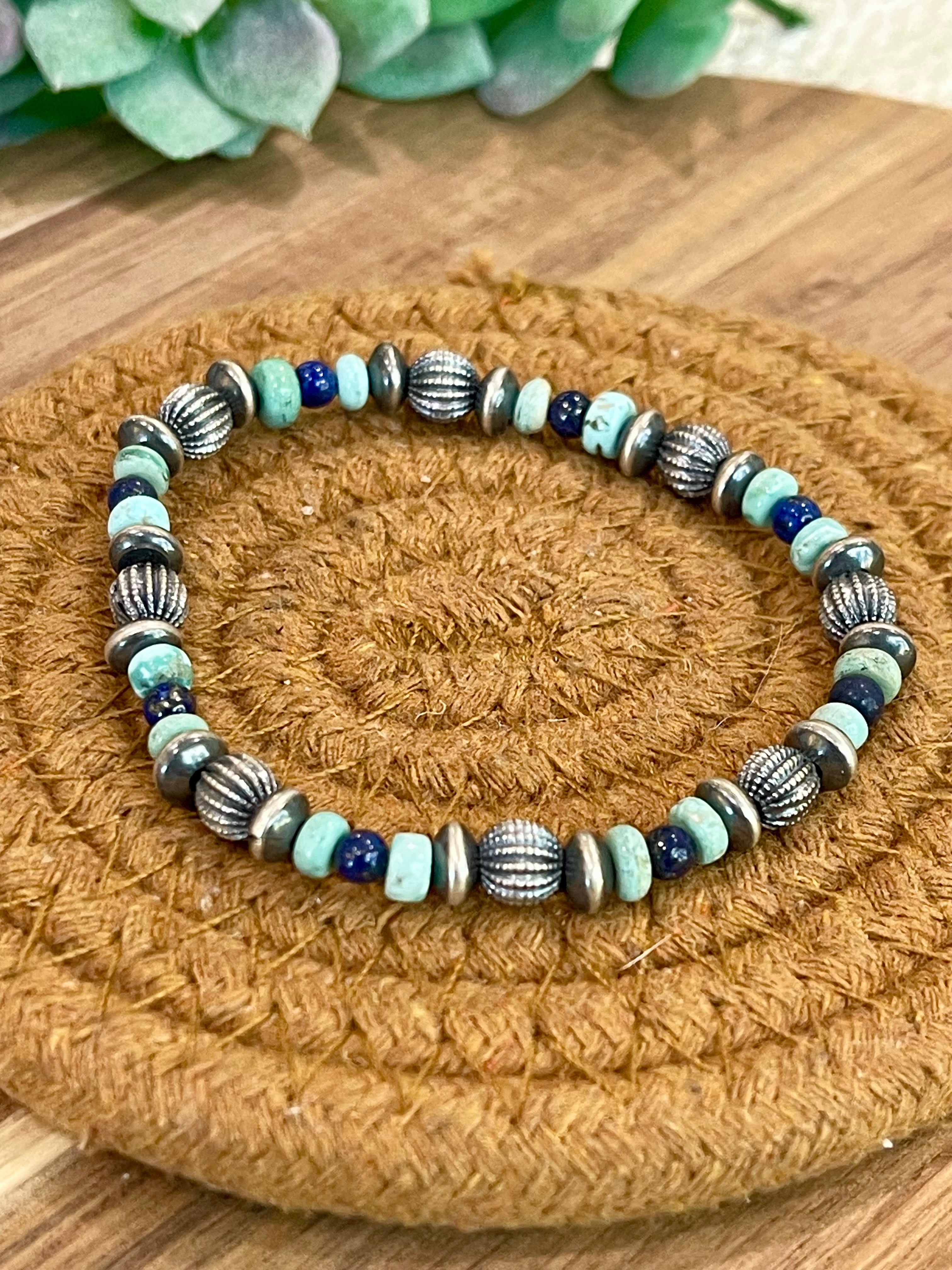Handmade Sterling Silver, Turquoise & Lapis Beaded Bracelet with Signed Nizhoni