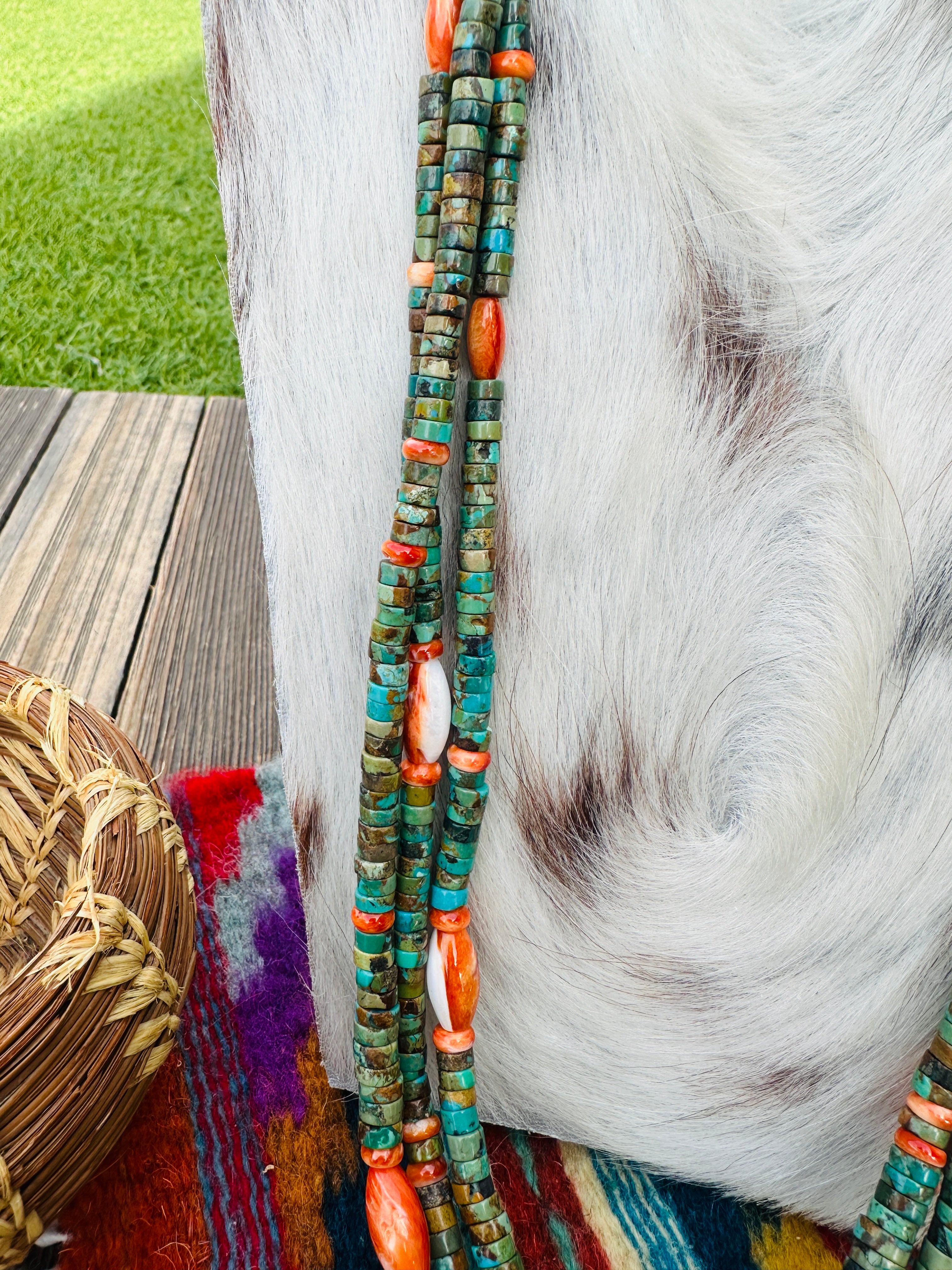 Handcrafted Turquoise, Spiny & Heishi Triple Strand Beaded Necklace