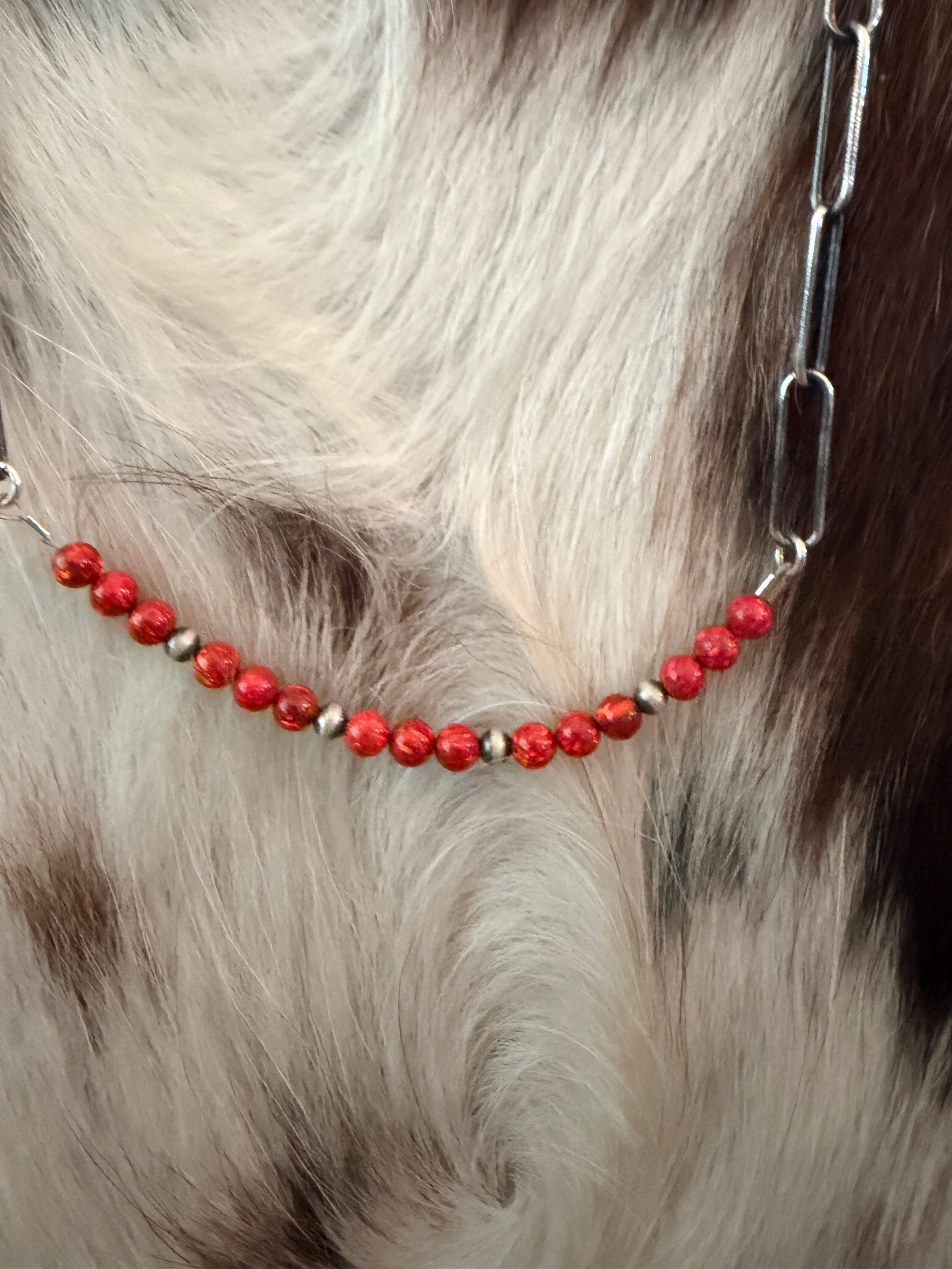 Handmade Sterling Silver & Red Fire Opal Beaded Necklace