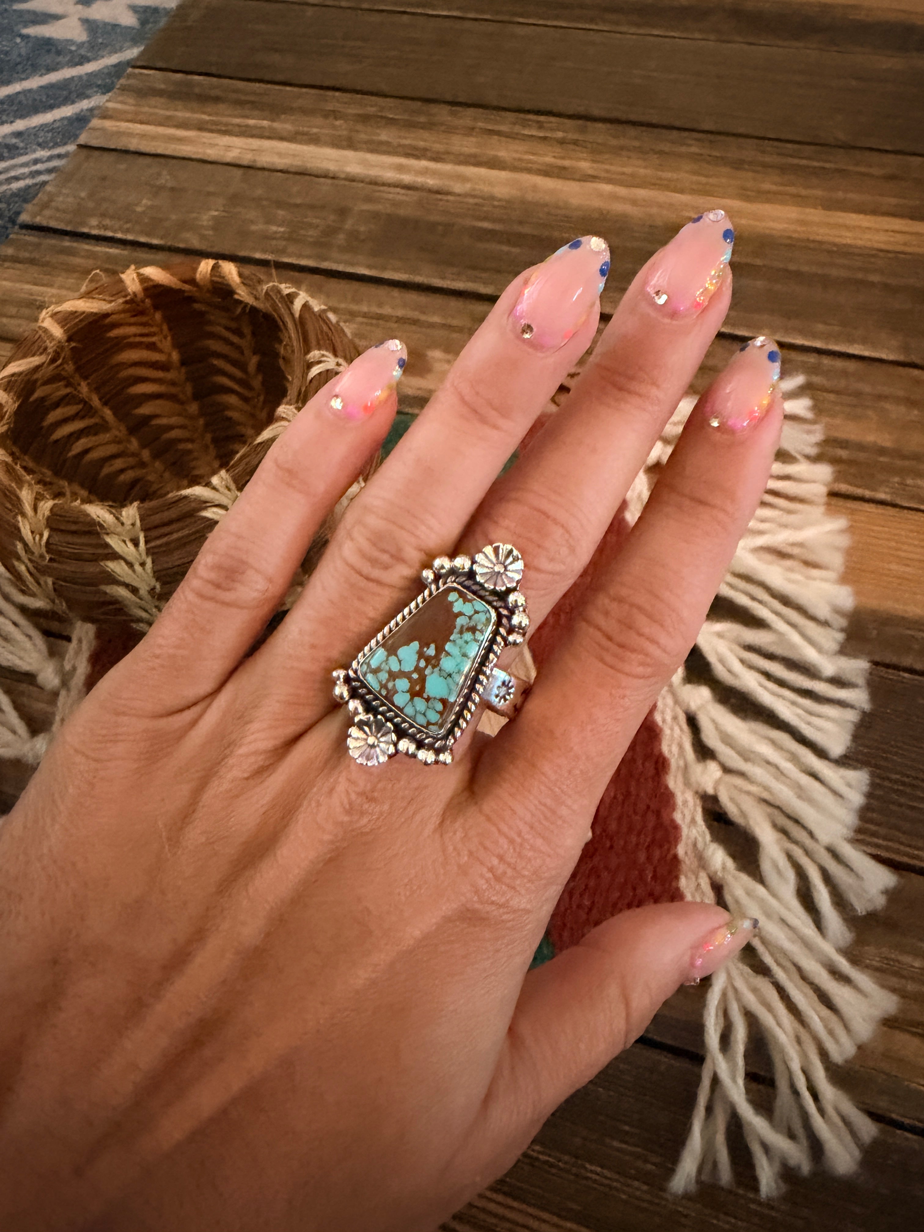 Handmade Sterling Silver Number 8 Turquoise Adjustable Ring Signed Nizhoni