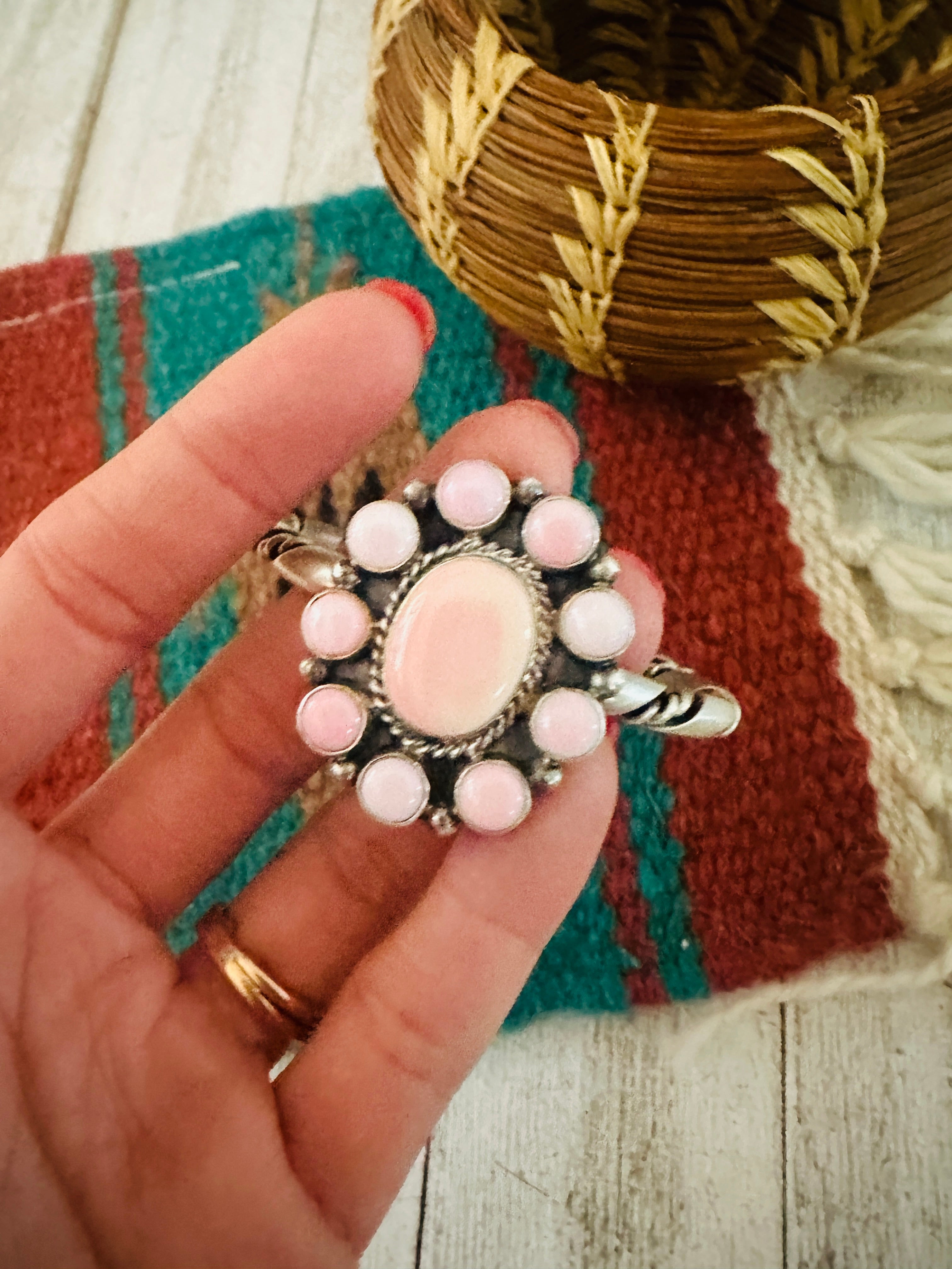 Navajo Queen Pink Conch Shell & Sterling Silver Cluster Cuff Bracelet