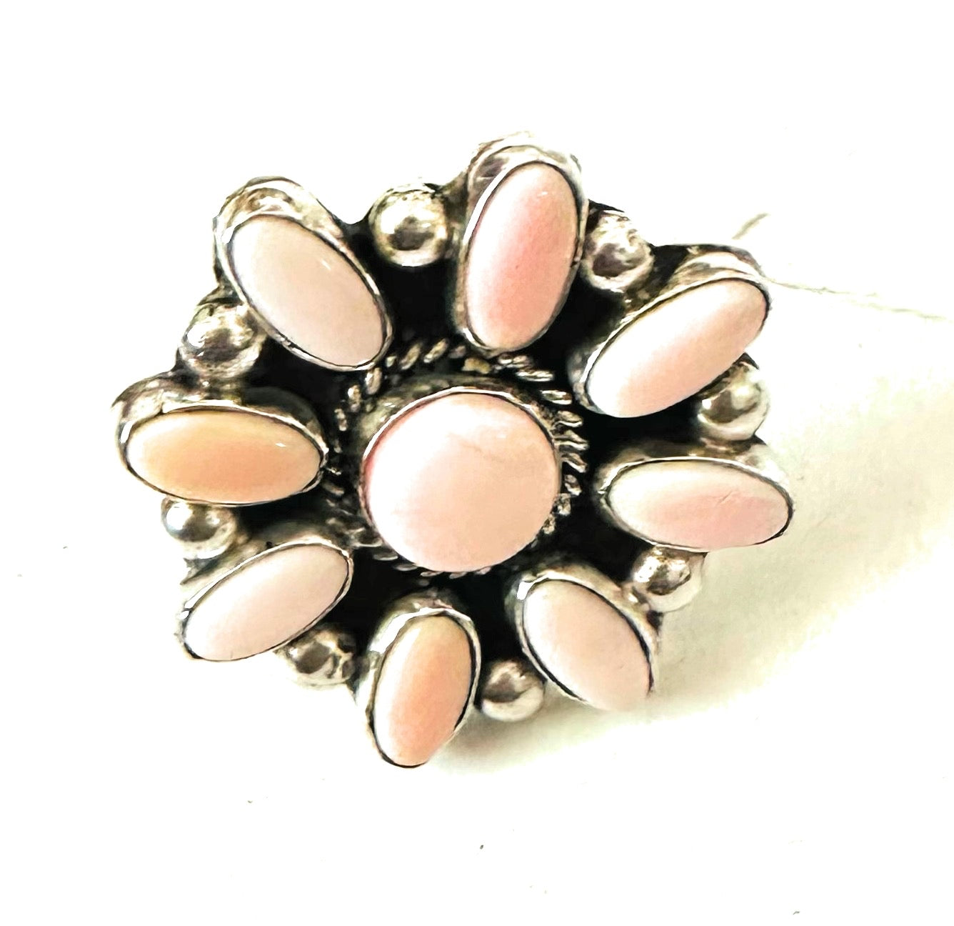 Handcrafted Sterling Silver and Queen Pink Conch Shell Adjustable Flower Ring