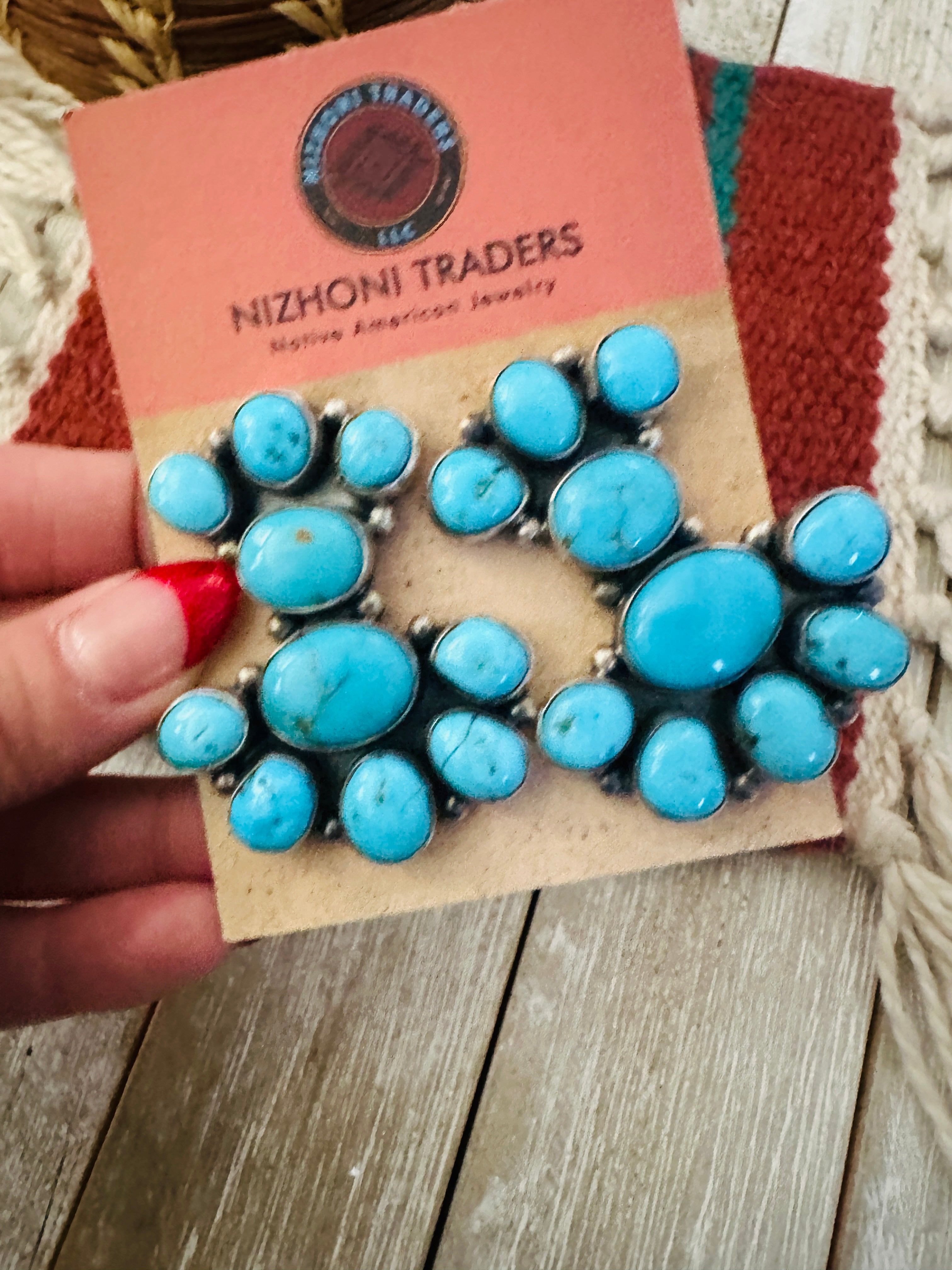 Handcrafted Turquoise And Sterling Silver Cluster Dangle Earrings by Sheila Becenti