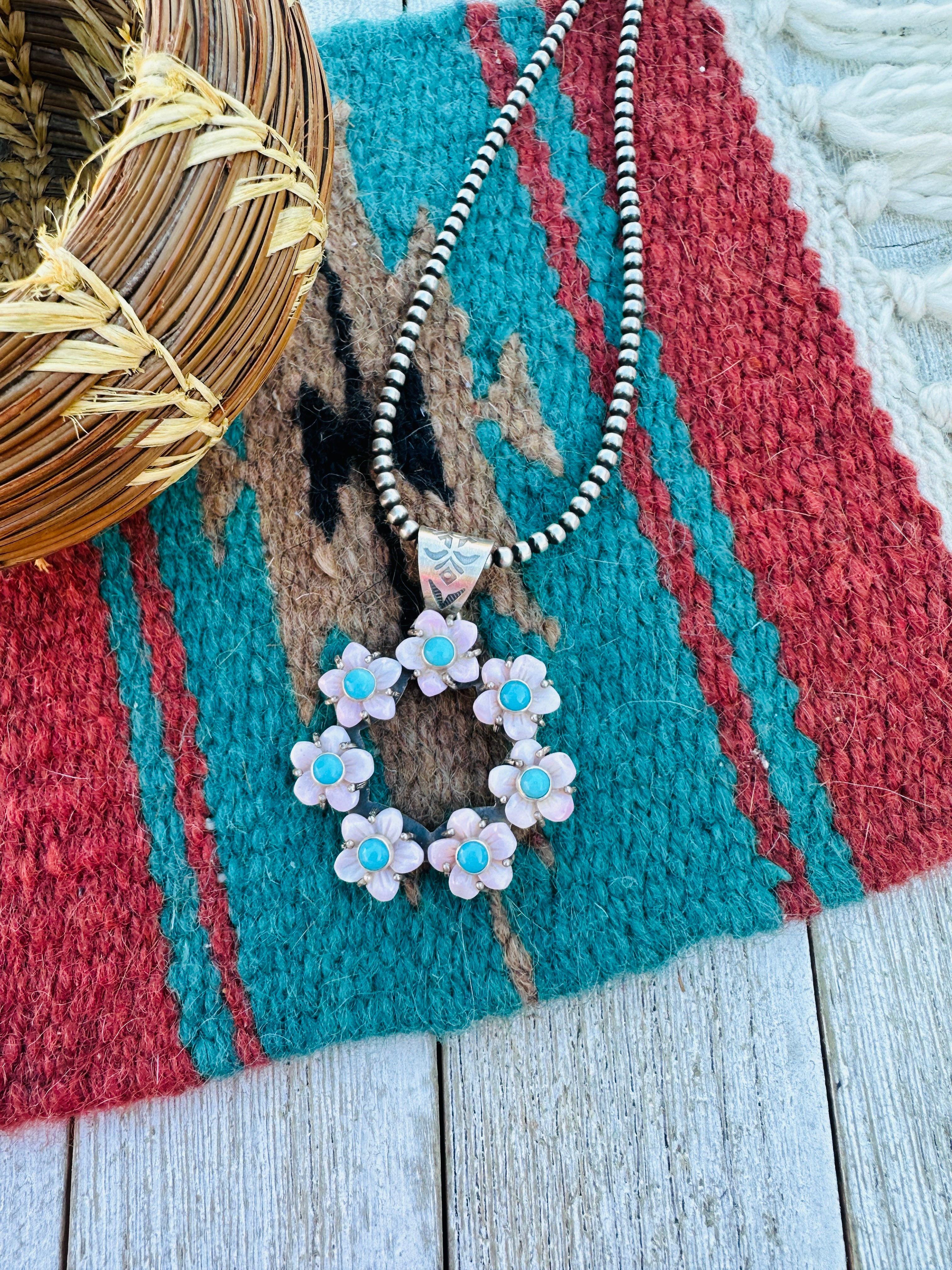 Handcrafted Sterling Silver, Queen Pink Conch & Turquoise Flower Pendant