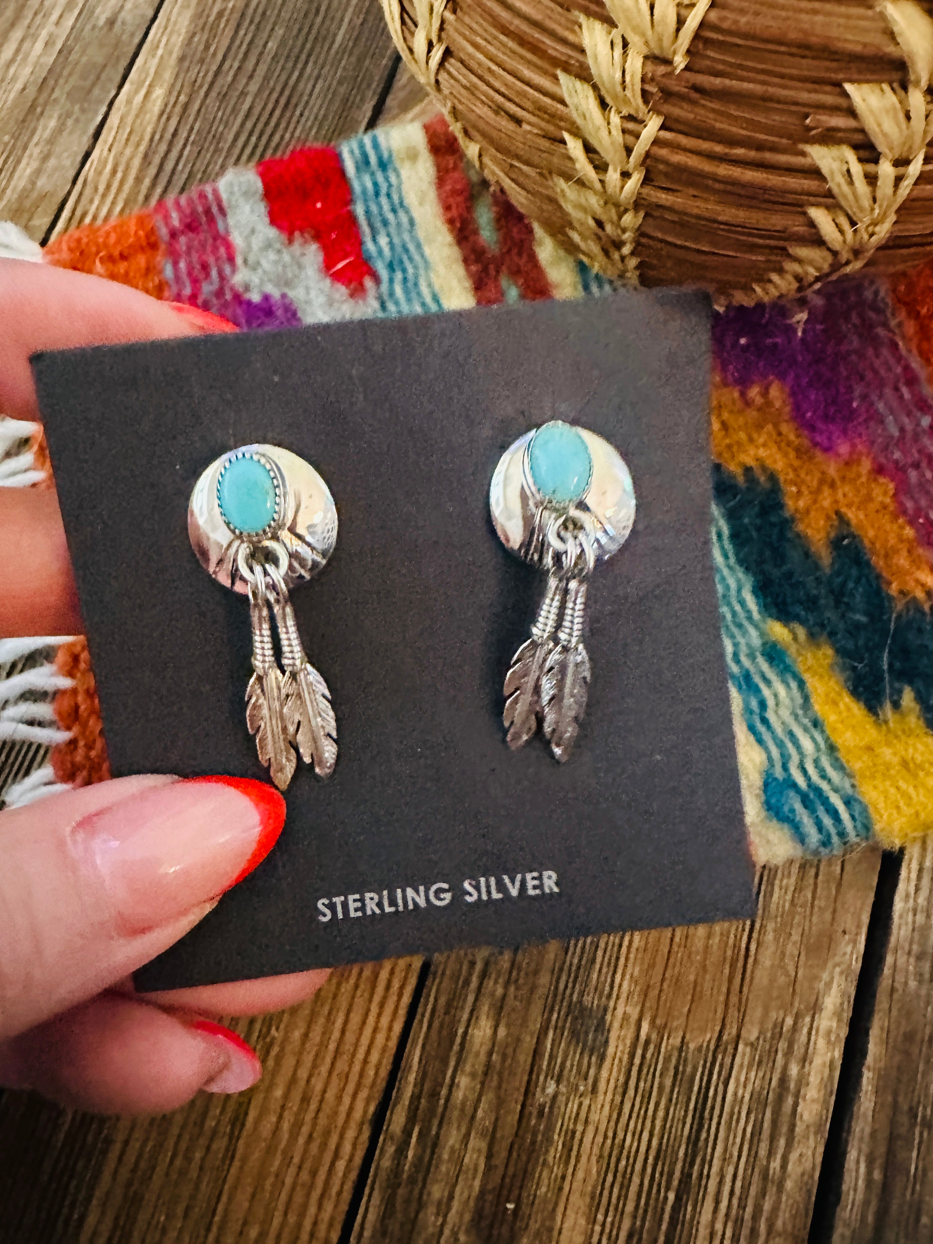 Handcrafted Turquoise & Sterling Silver Feather Dangle Earrings