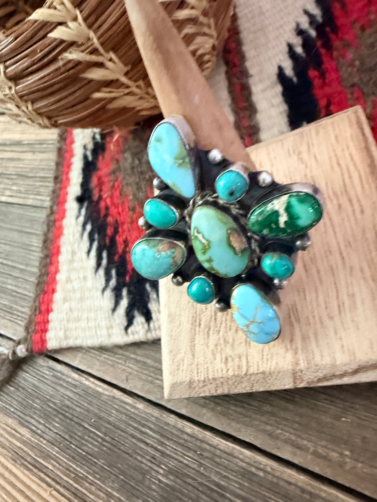 Handcrafted Turquoise & Sterling Silver Cluster Adjustable Ring