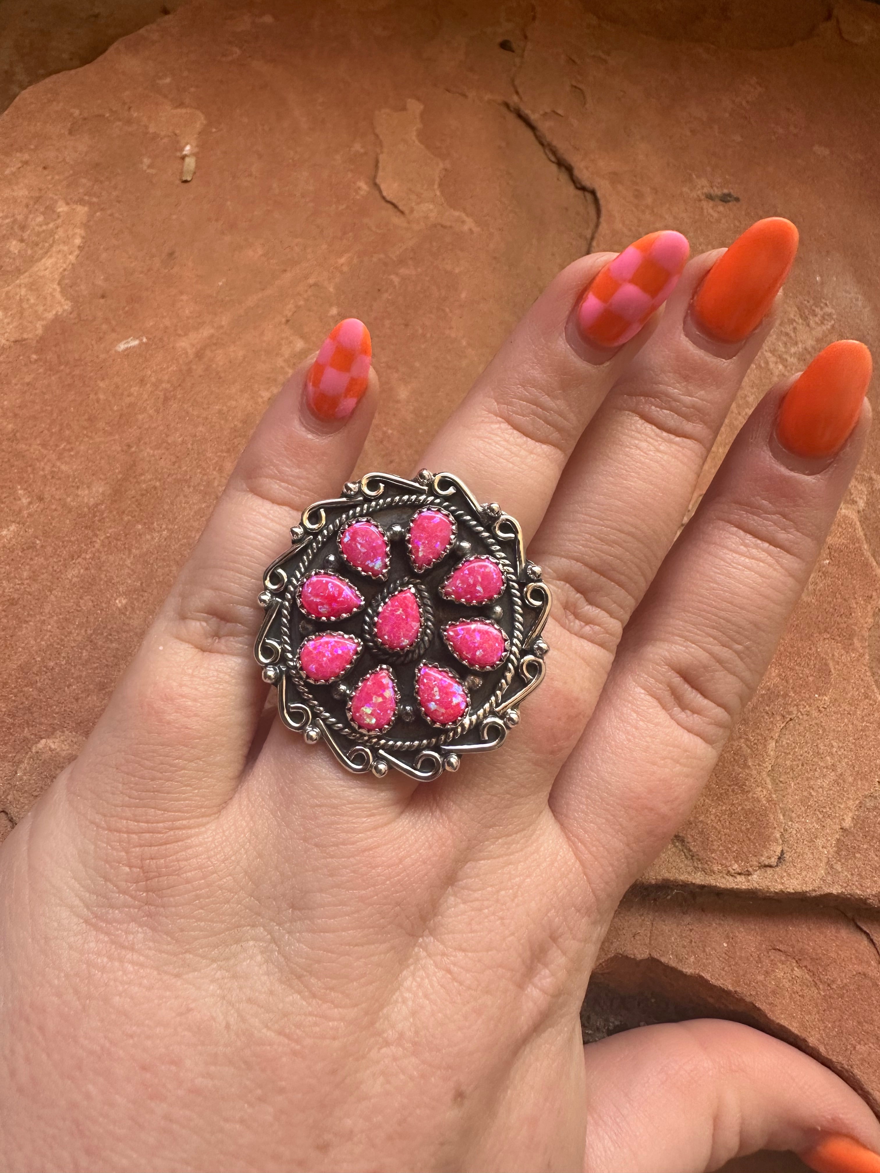 Handmade Hot Pink Fire Opal & Sterling Silver Adjustable Ring Signed Nizhoni