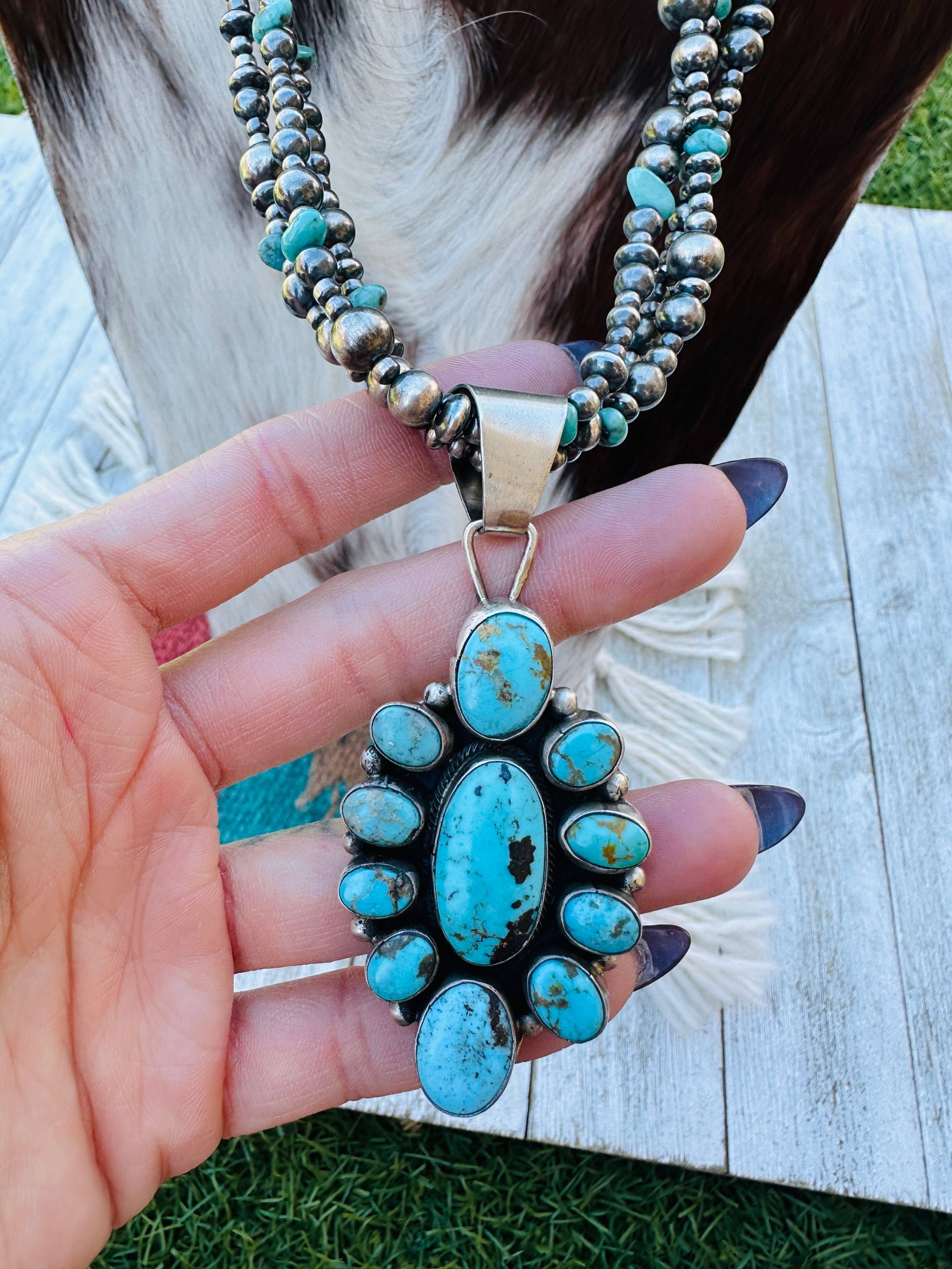 Handcrafted Sterling Silver Pearl and Turquoise Beaded Necklace by Sheila Becenti