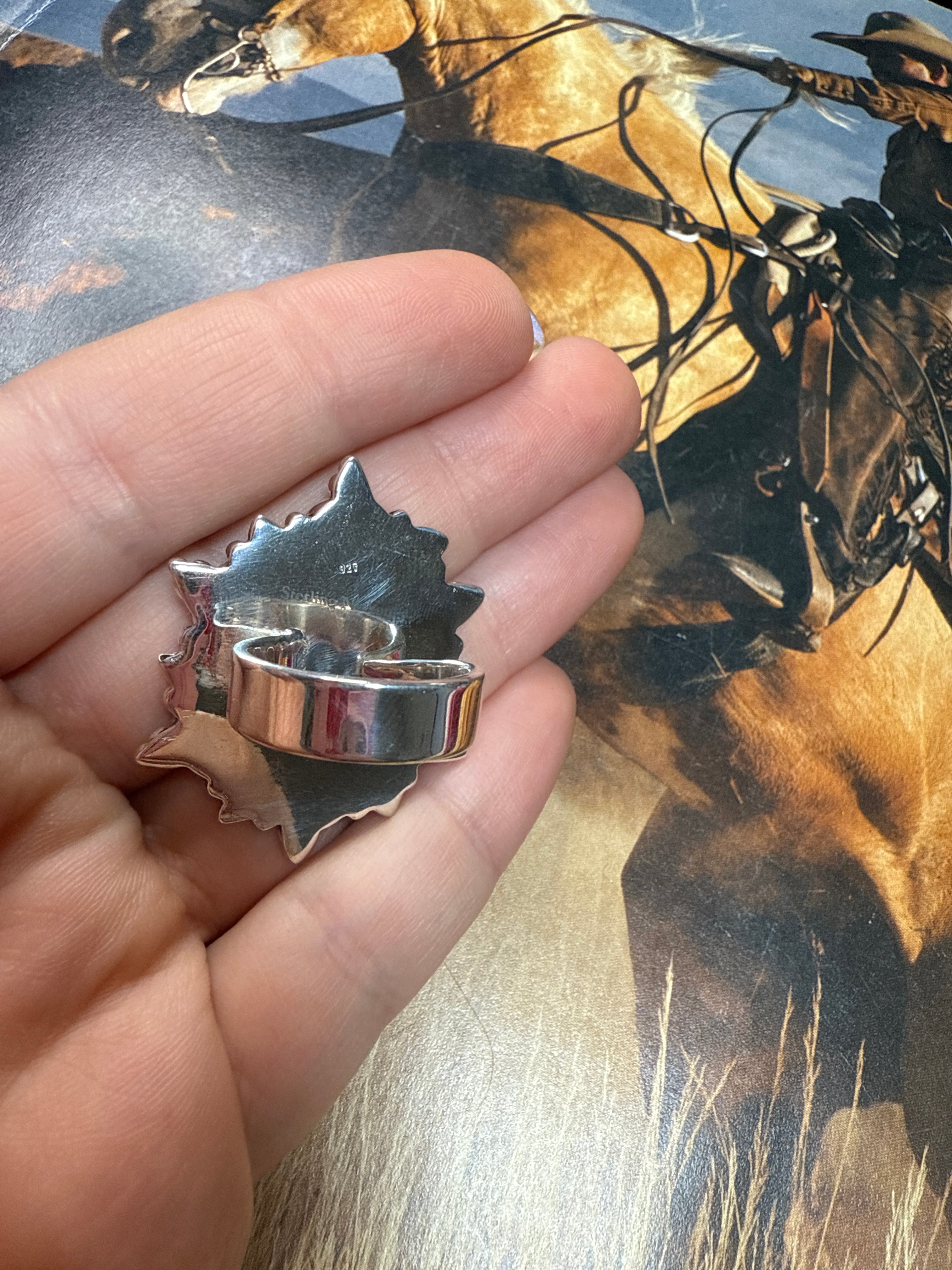 Beautiful Handmade Golden Hills Turquoise , CZ And Sterling Silver Adjustable Ring