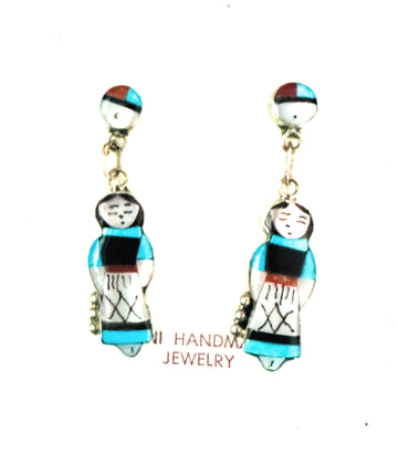 Handcrafted Multi Stone & Sterling Silver Inlay Maiden Girl Dangle Earrings