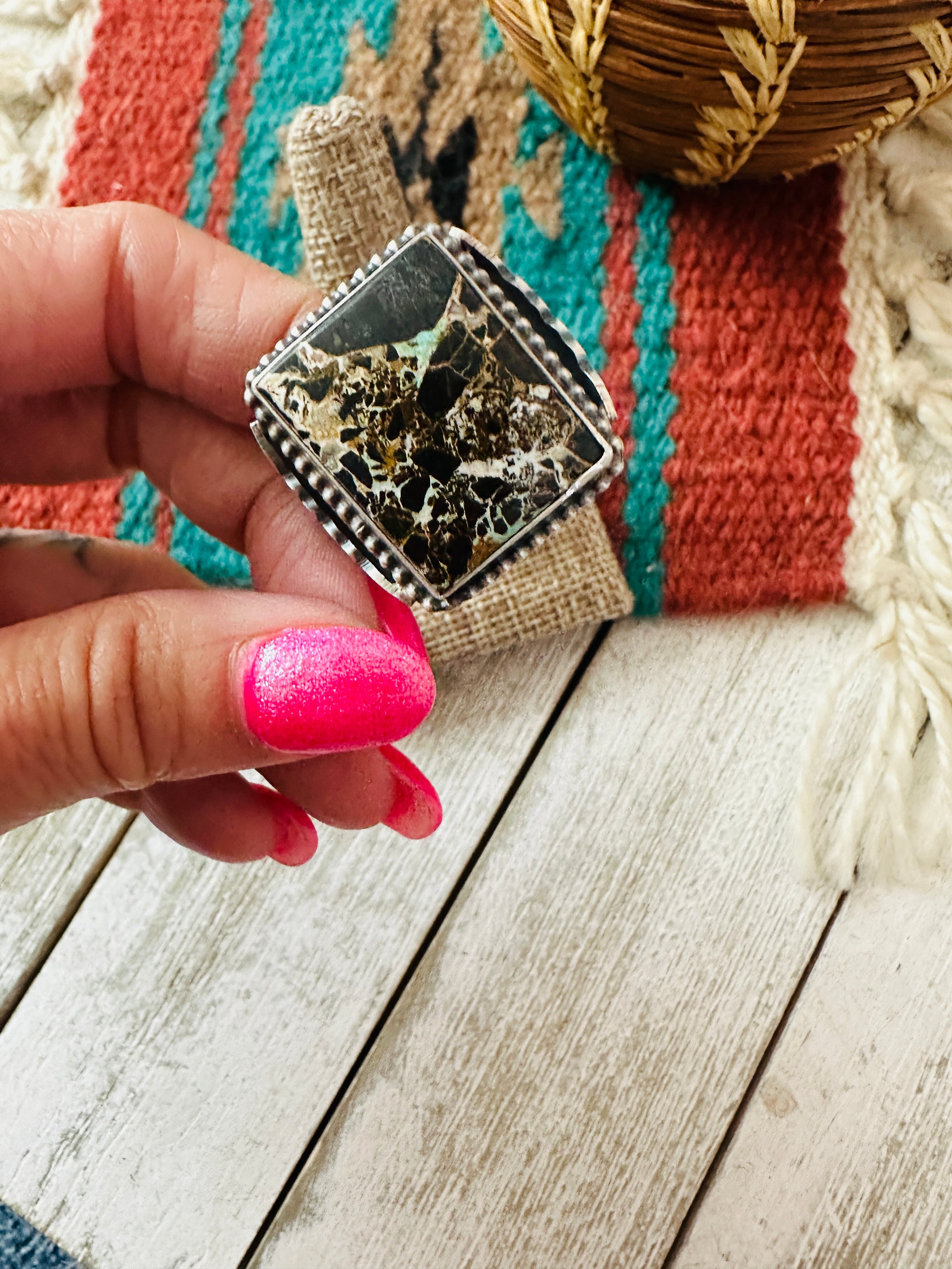 Handcrafted Blackjack Turquoise & Sterling Silver Ring Size 10 by Jackson Hoskie