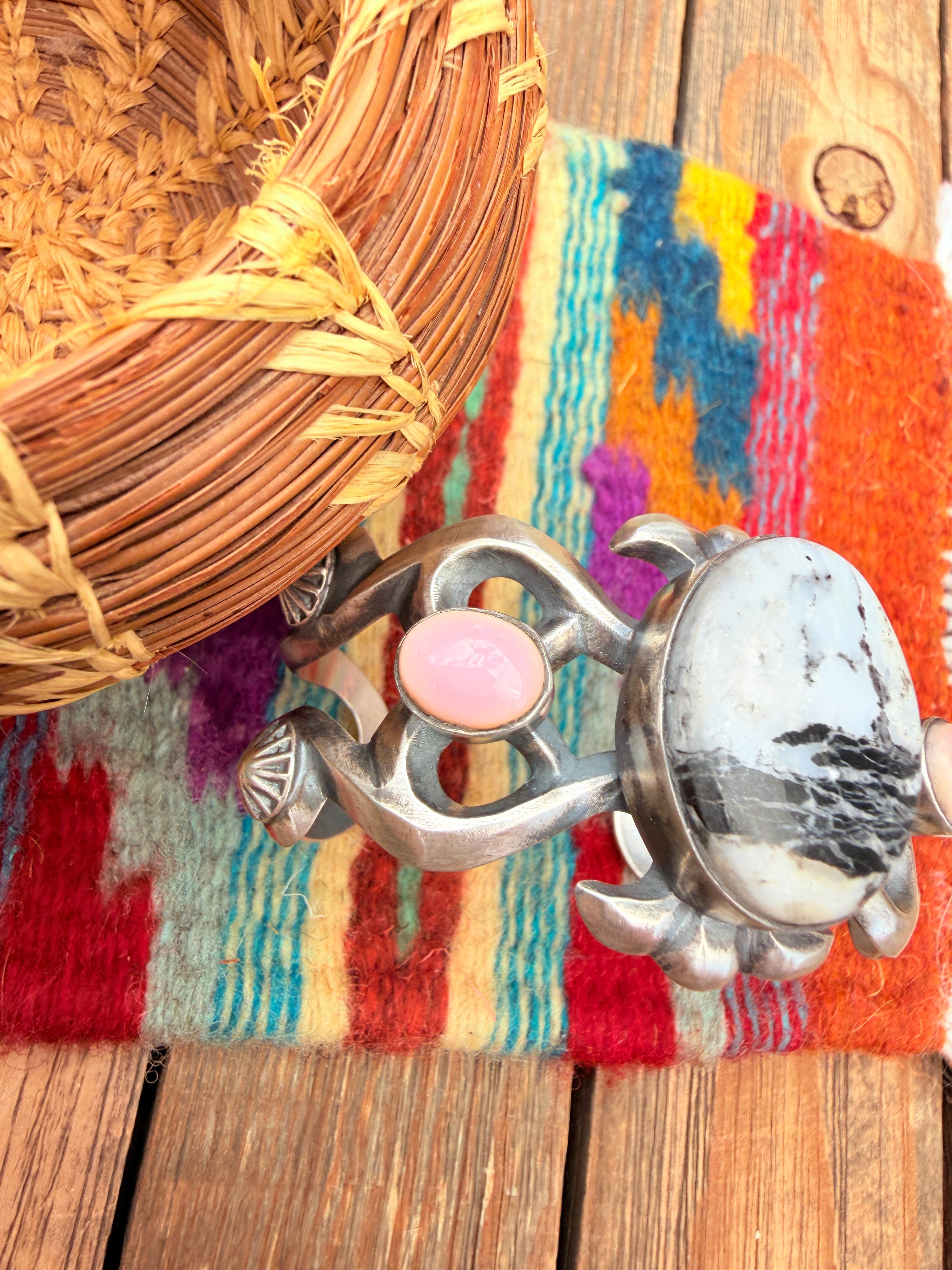 Handcrafted White Buffalo, Queen Pink & Sterling Silver Cuff Bracelet By Chimney Butte