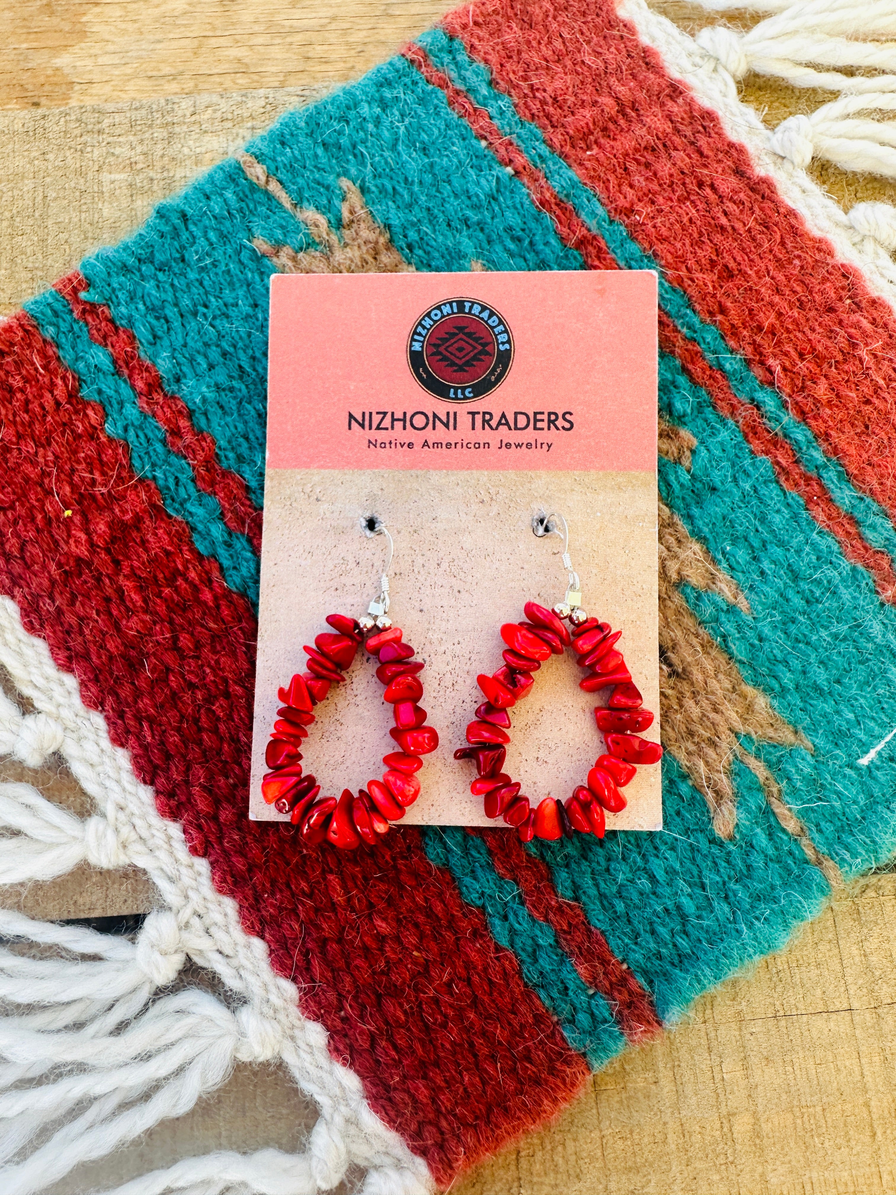 Navajo Sterling Silver Apple Coral Beaded Dangle Earrings