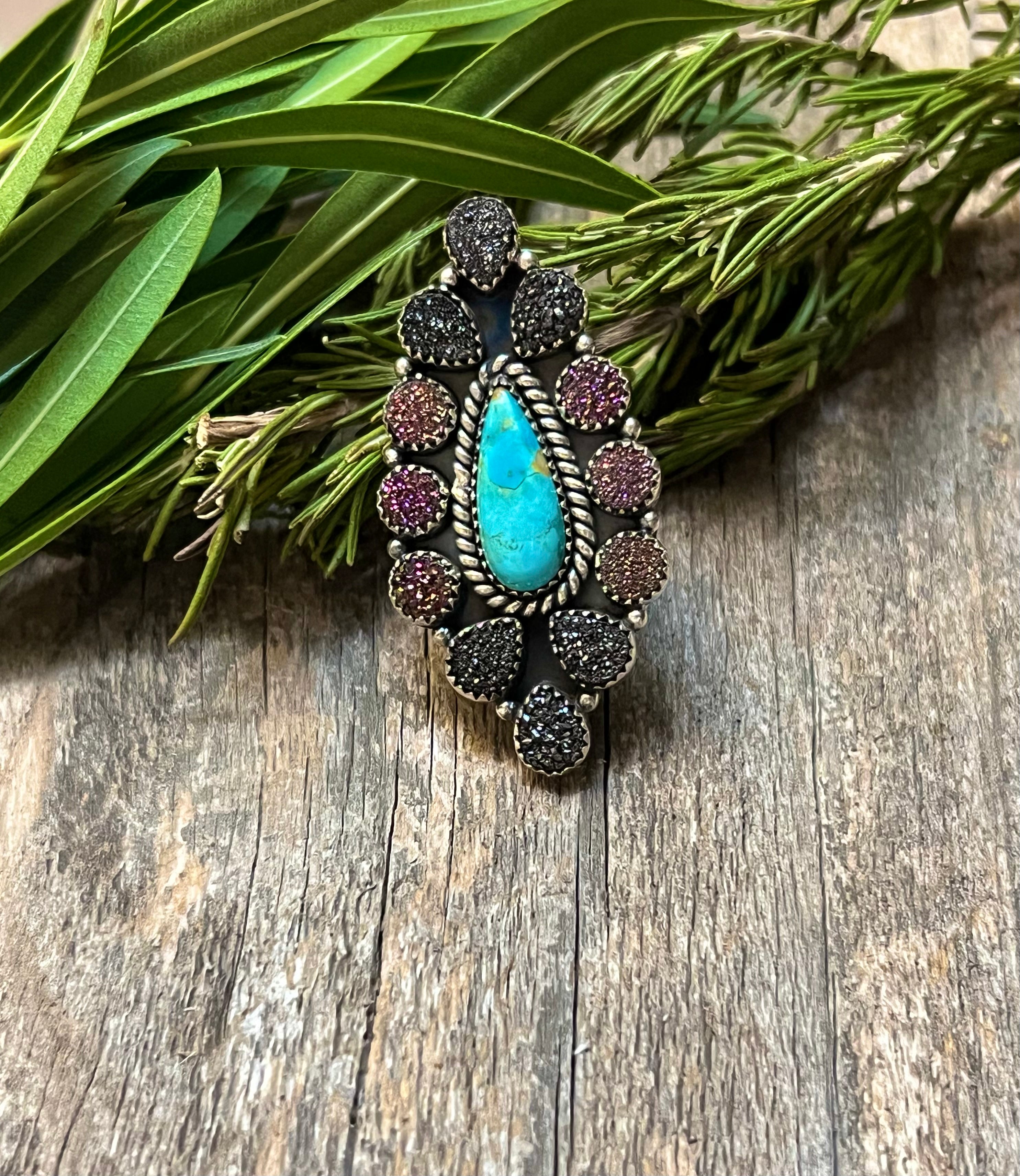 Handmade Sterling Silver Turquoise  with Purple & Black Druzy Adjustable Statement Ring