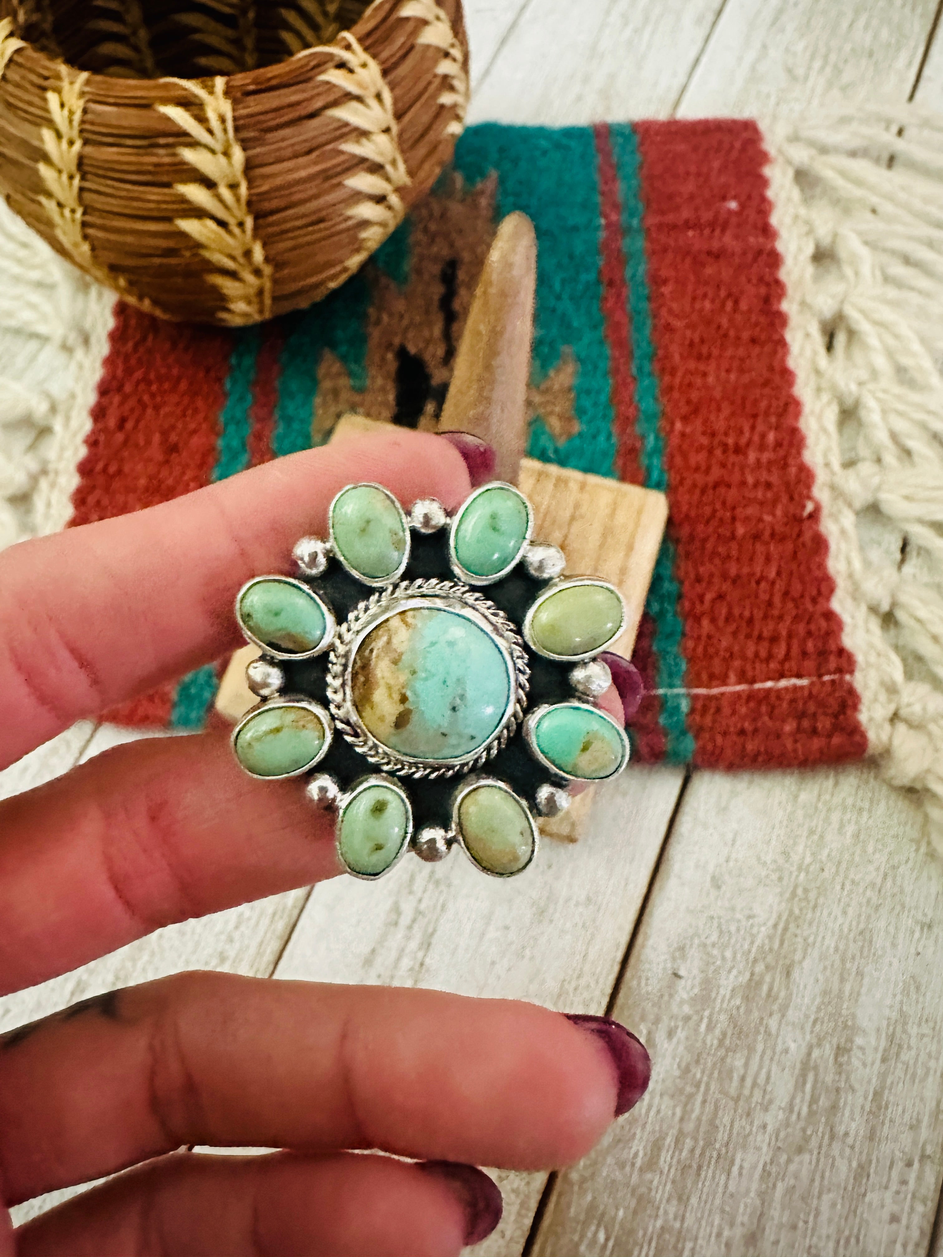 Navajo Sterling Silver & Turquoise Cluster Adjustable Ring