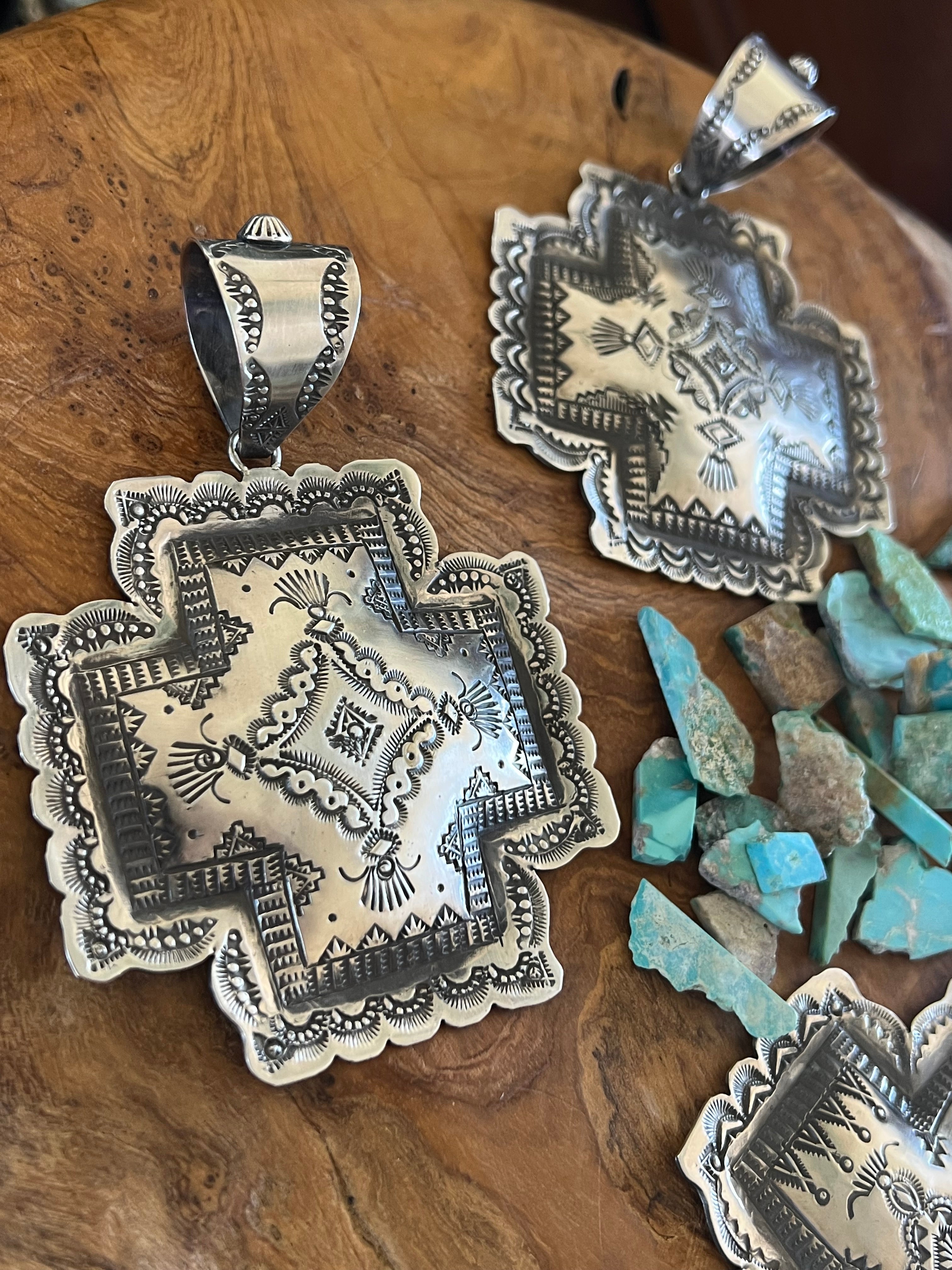 Handcrafted Hand Stamped Sterling Silver Santa Fe Cross Pendant by Victor Platero