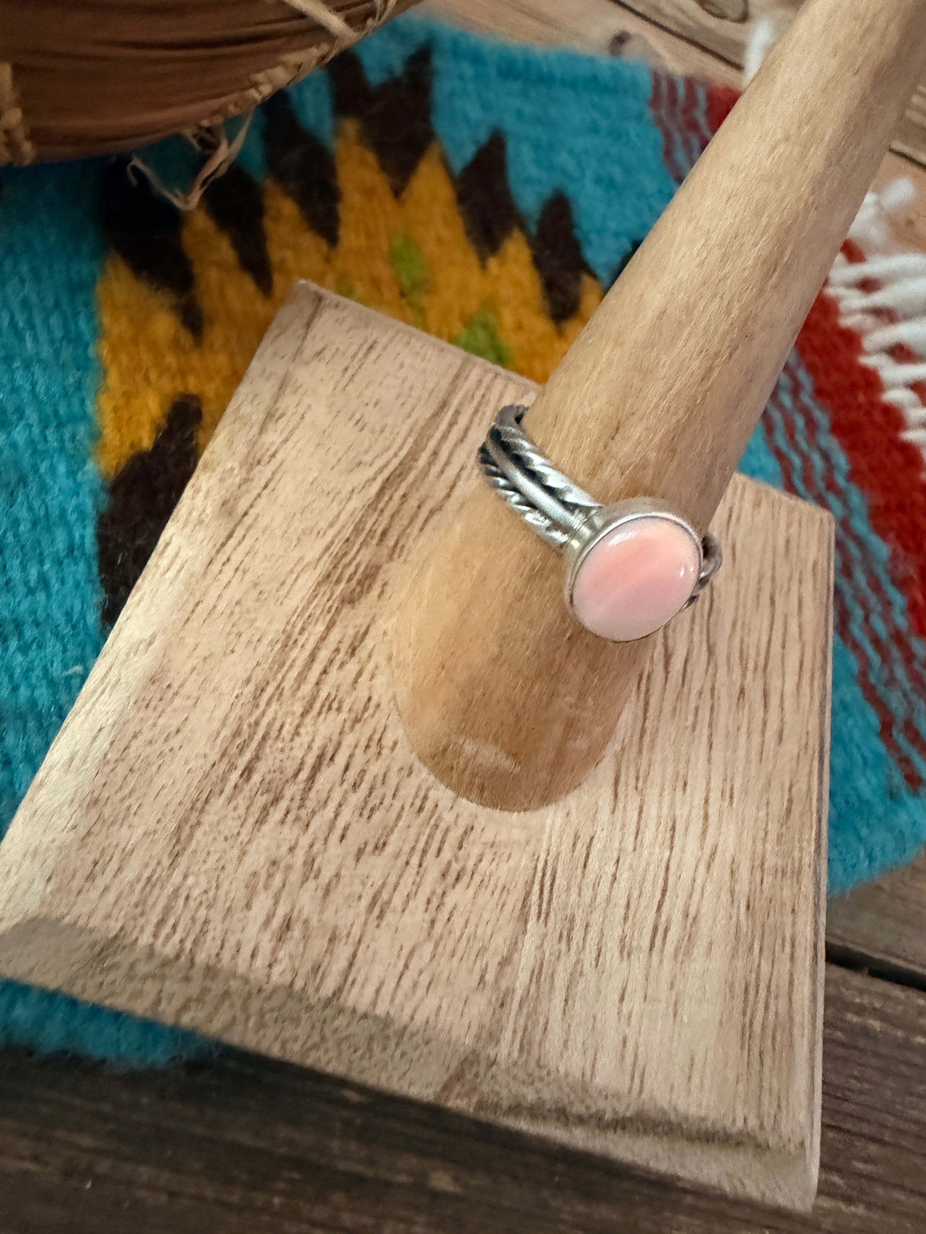 Handcrafted Queen Pink Conch and Sterling Silver Ring size 8