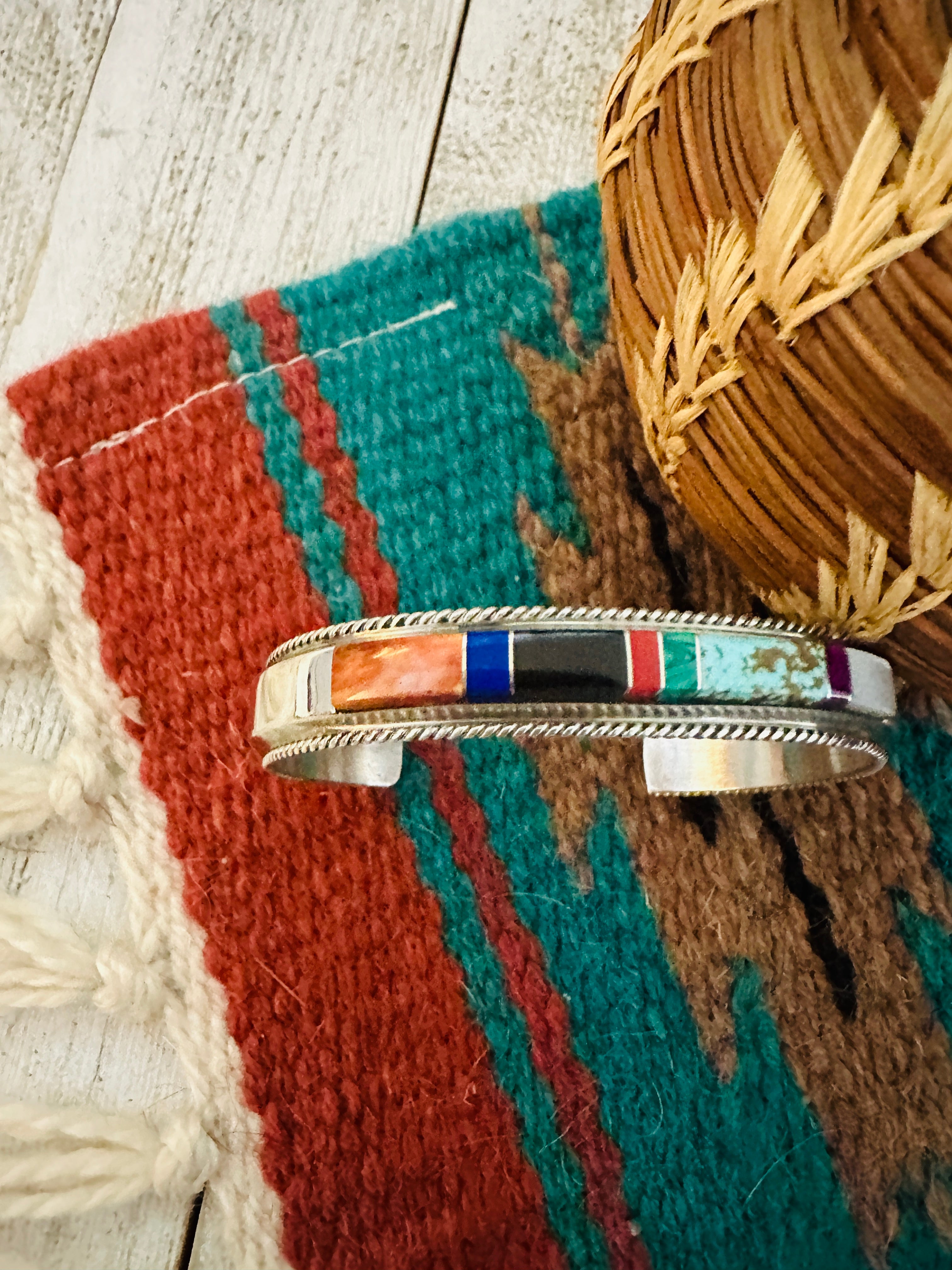 Navajo Multi Stone & Sterling Silver Inlay Cuff Bracelet