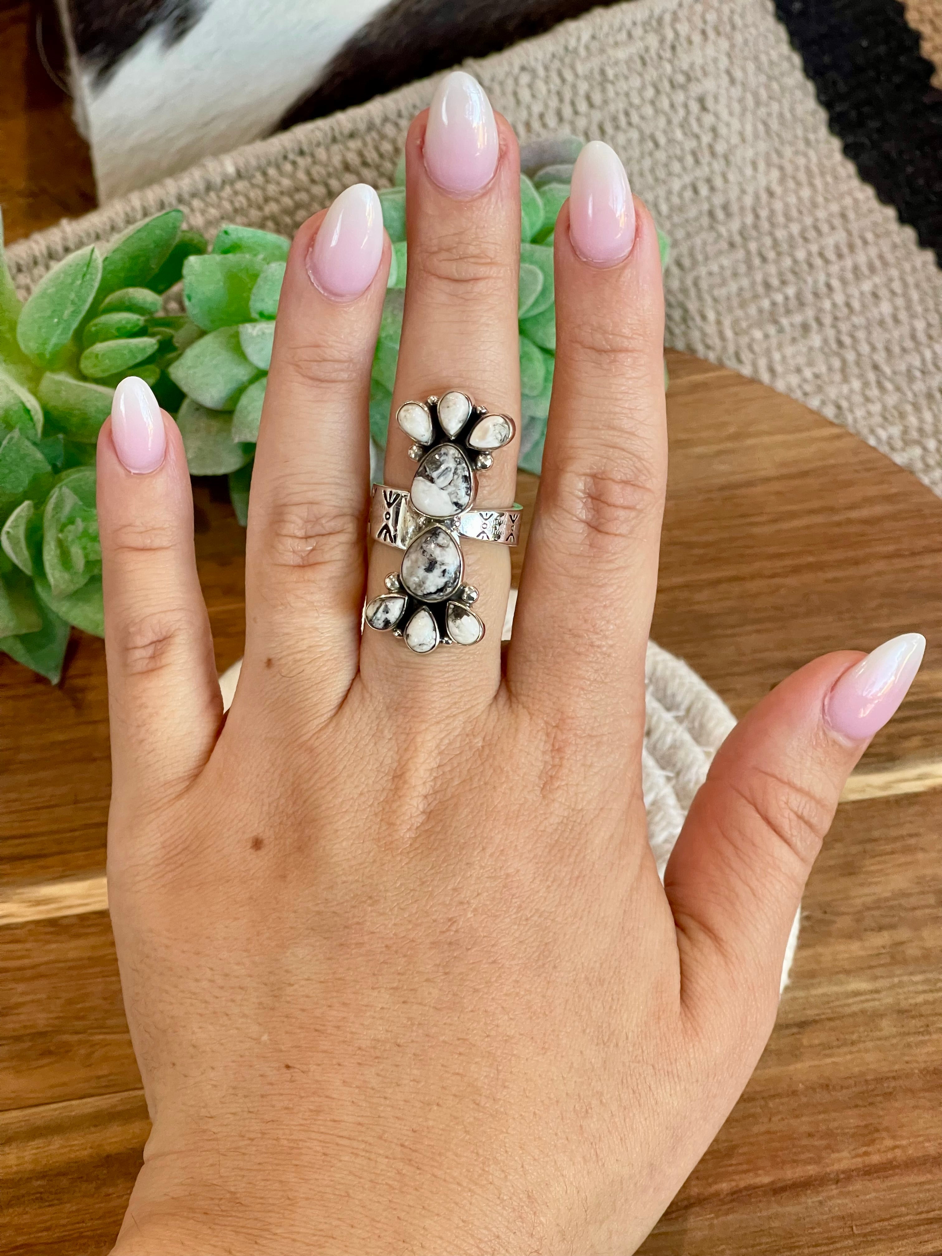 Beautiful Handmade White Buffalo And Sterling Silver Adjustable Ring