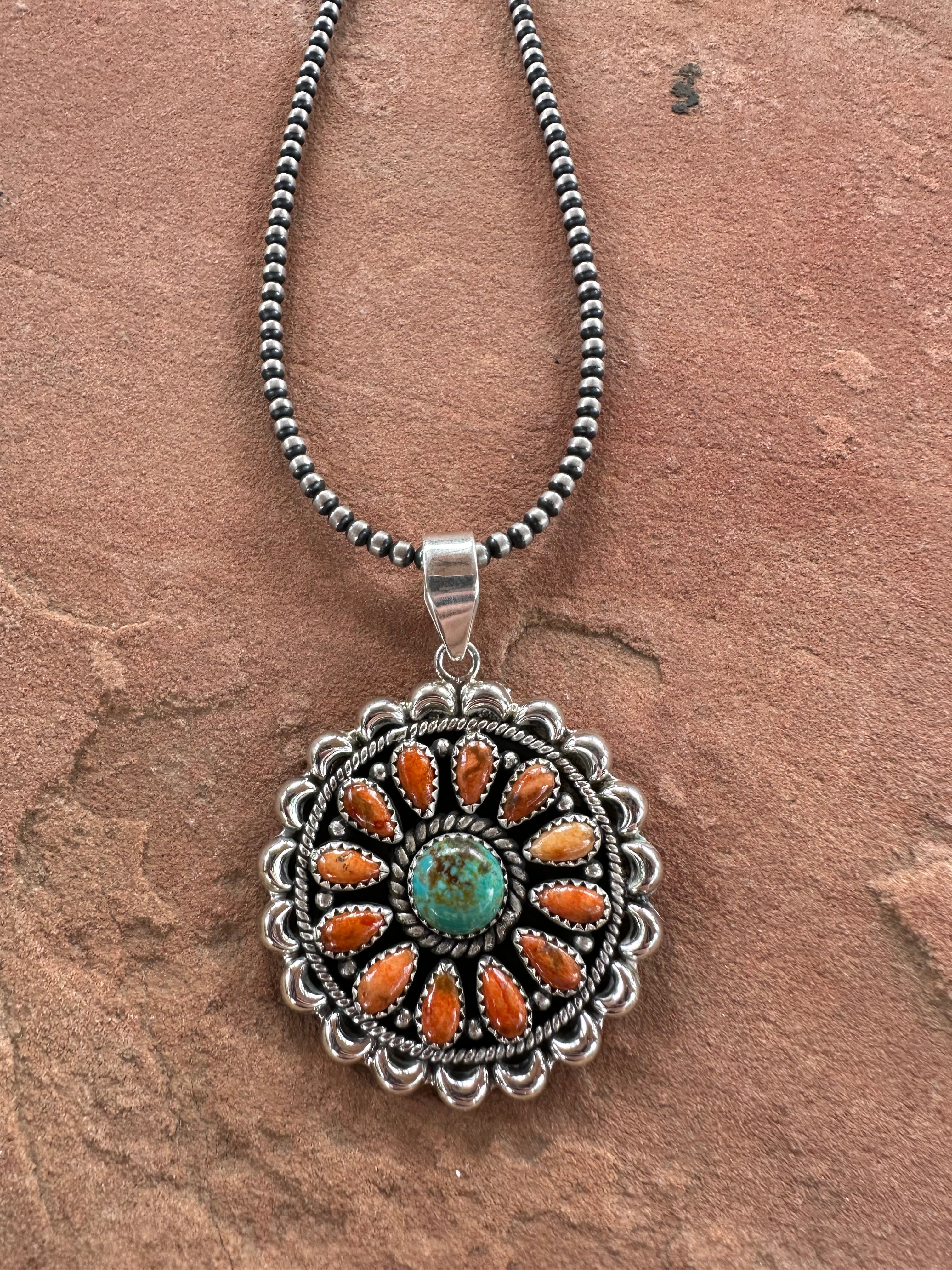 Beautiful Handmade Sterling Silver, Orange Mojave & Turquoise Cluster Pendant