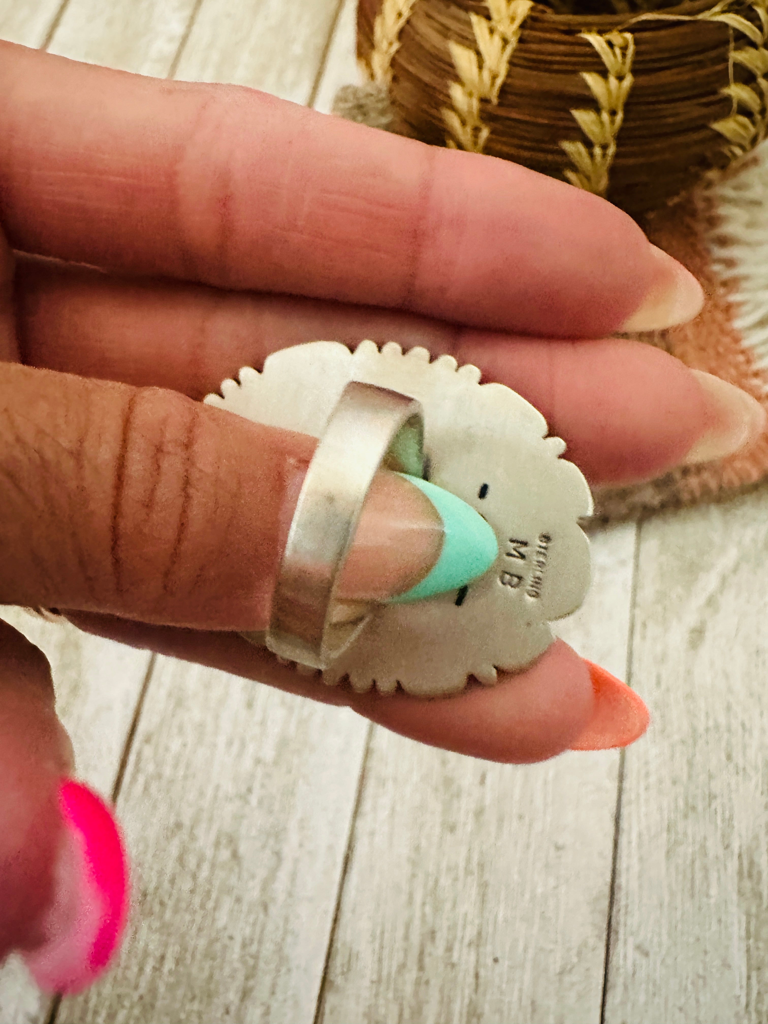 Handcrafted Hand Stamped Sterling Silver & Turquoise Ring Size 9