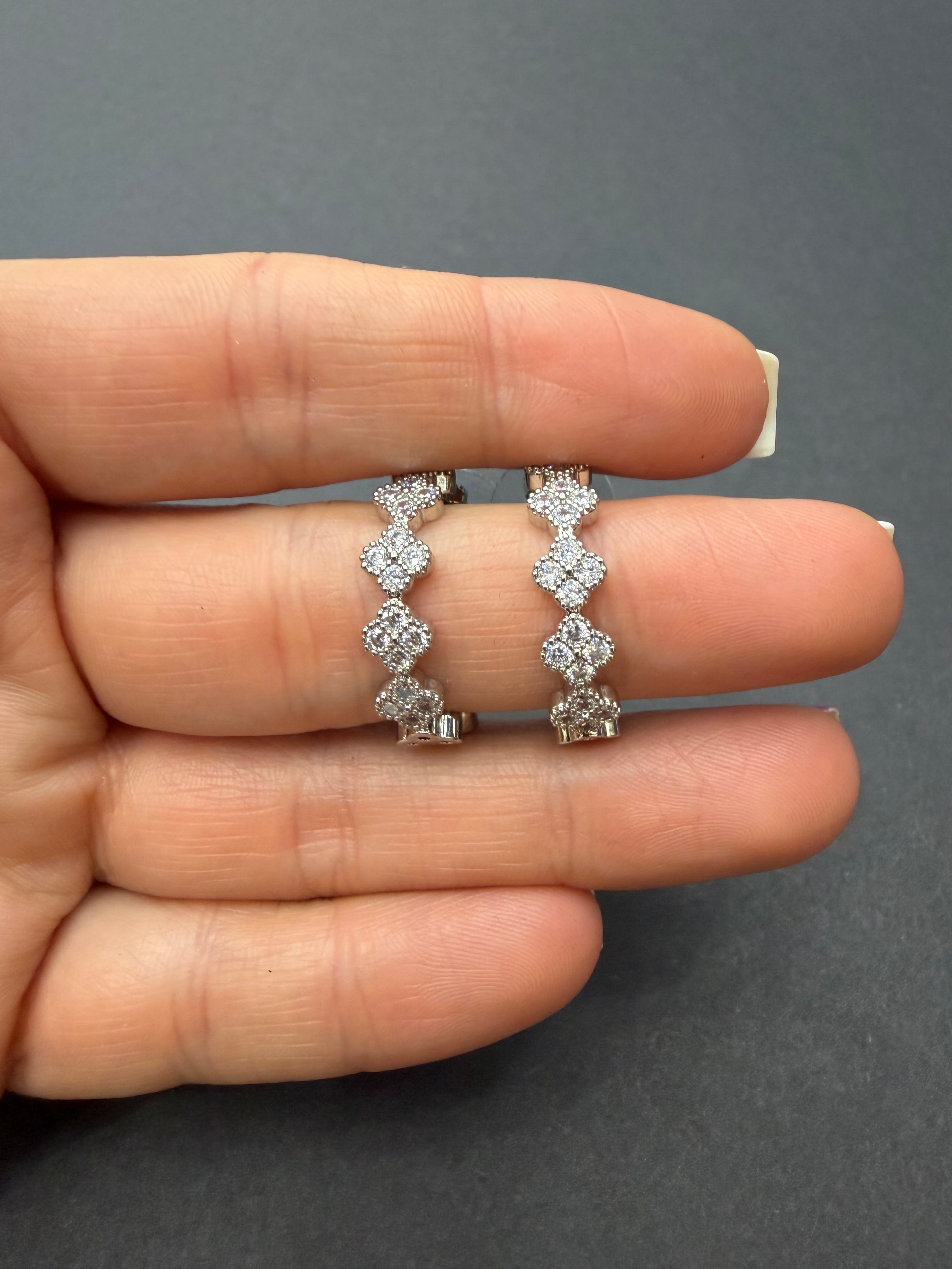 Silver Plated CZ Small Clover Hoop Earrings