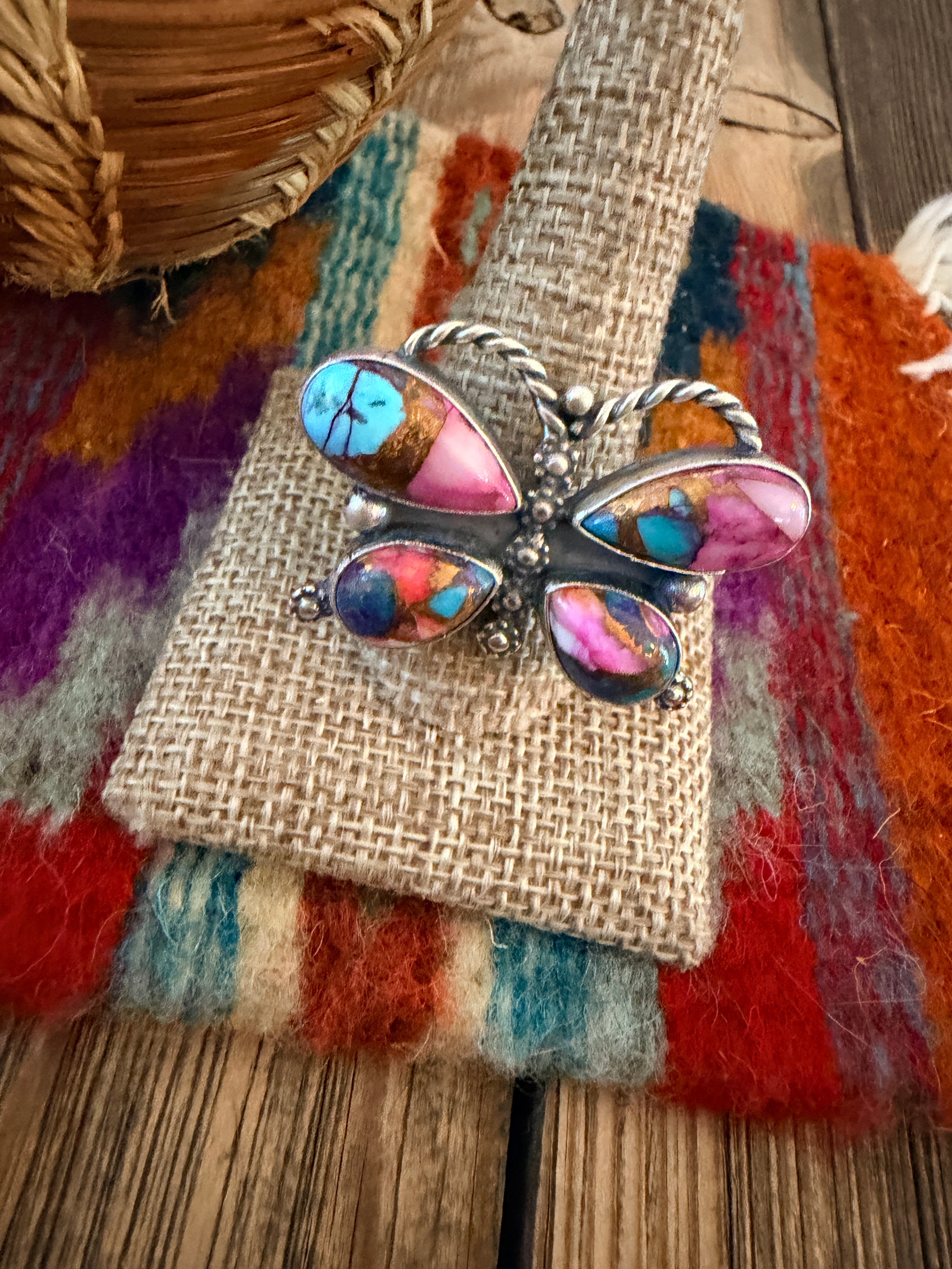 Handcrafted Pink Dream Mojave & Sterling Silver Adjustable Butterfly Ring