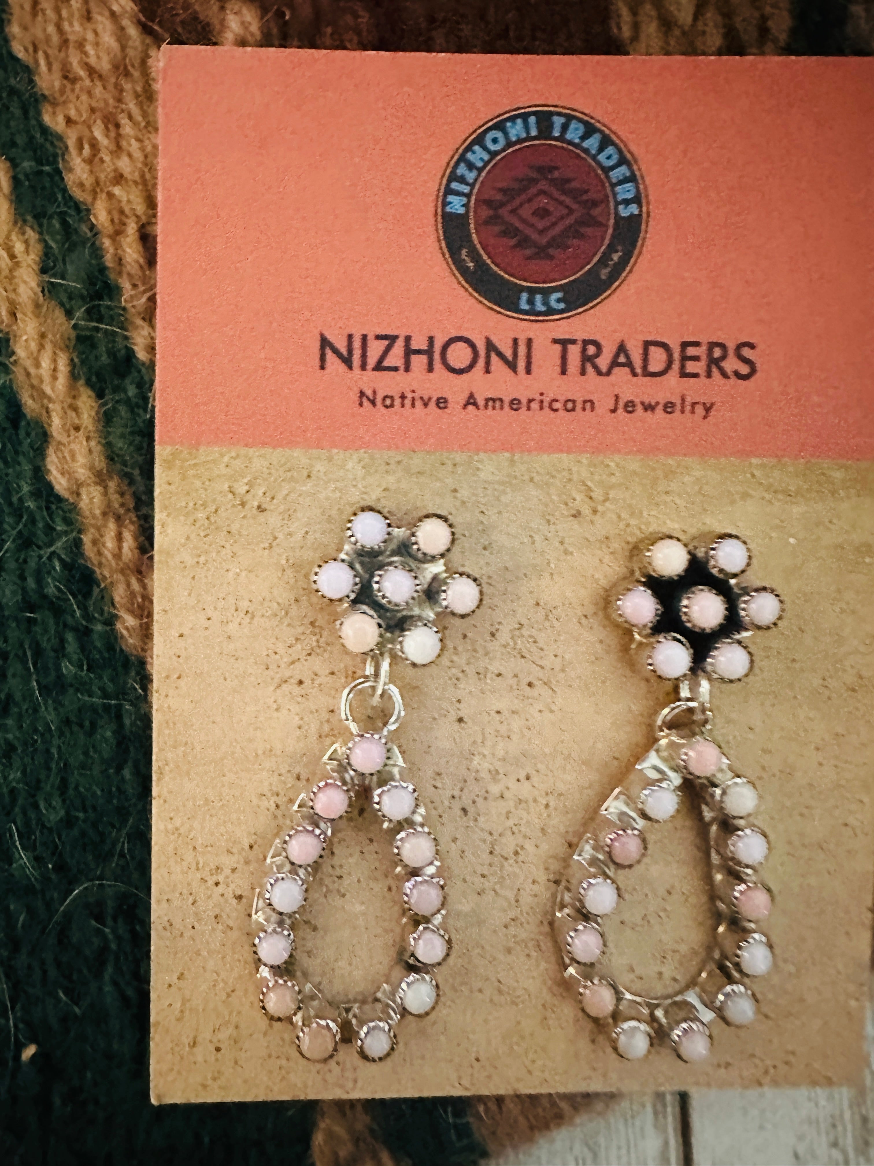 Navajo Queen Pink Conch & Sterling Silver Flower Dangle Earrings