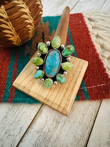 Handcrafted Sterling Silver & Multi Turquoise Cluster Adjustable Ring