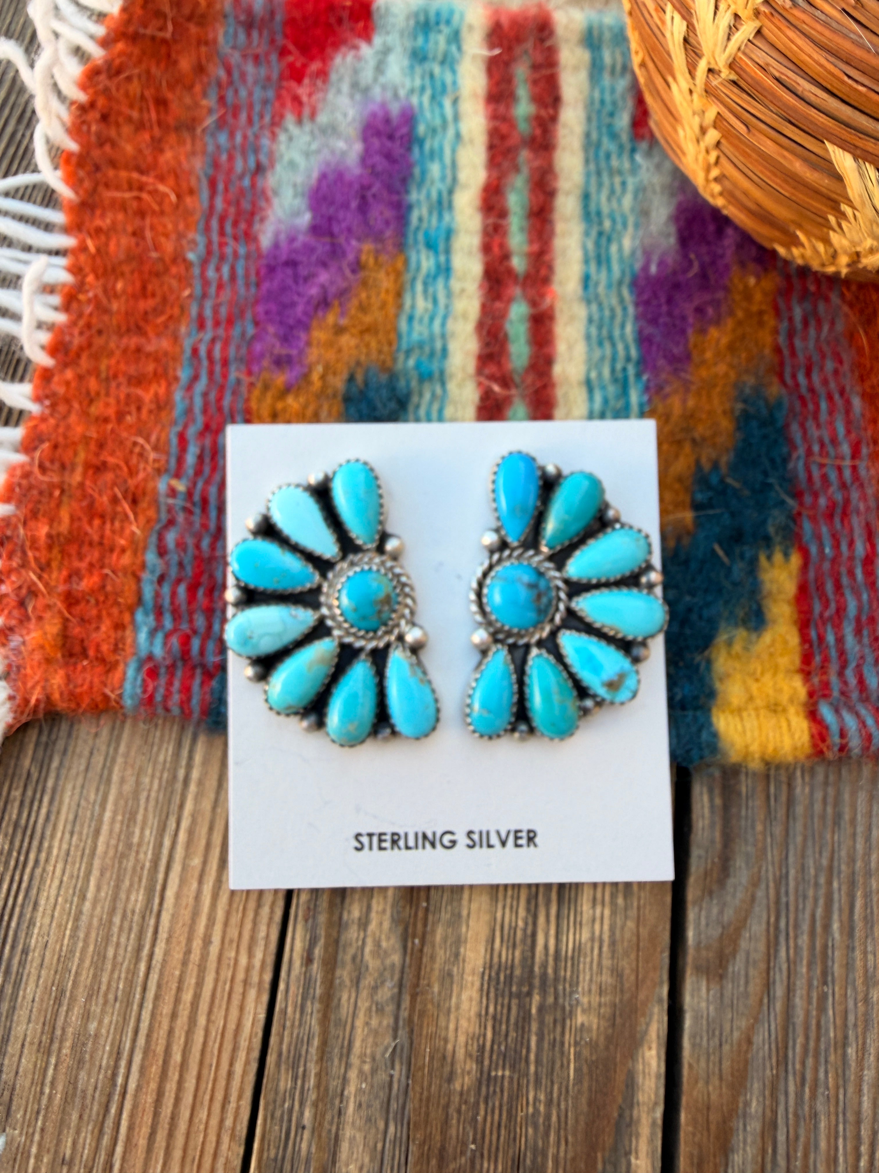 Handcrafted Turquoise & Sterling Silver Cluster Post Earrings by Effie Garfield