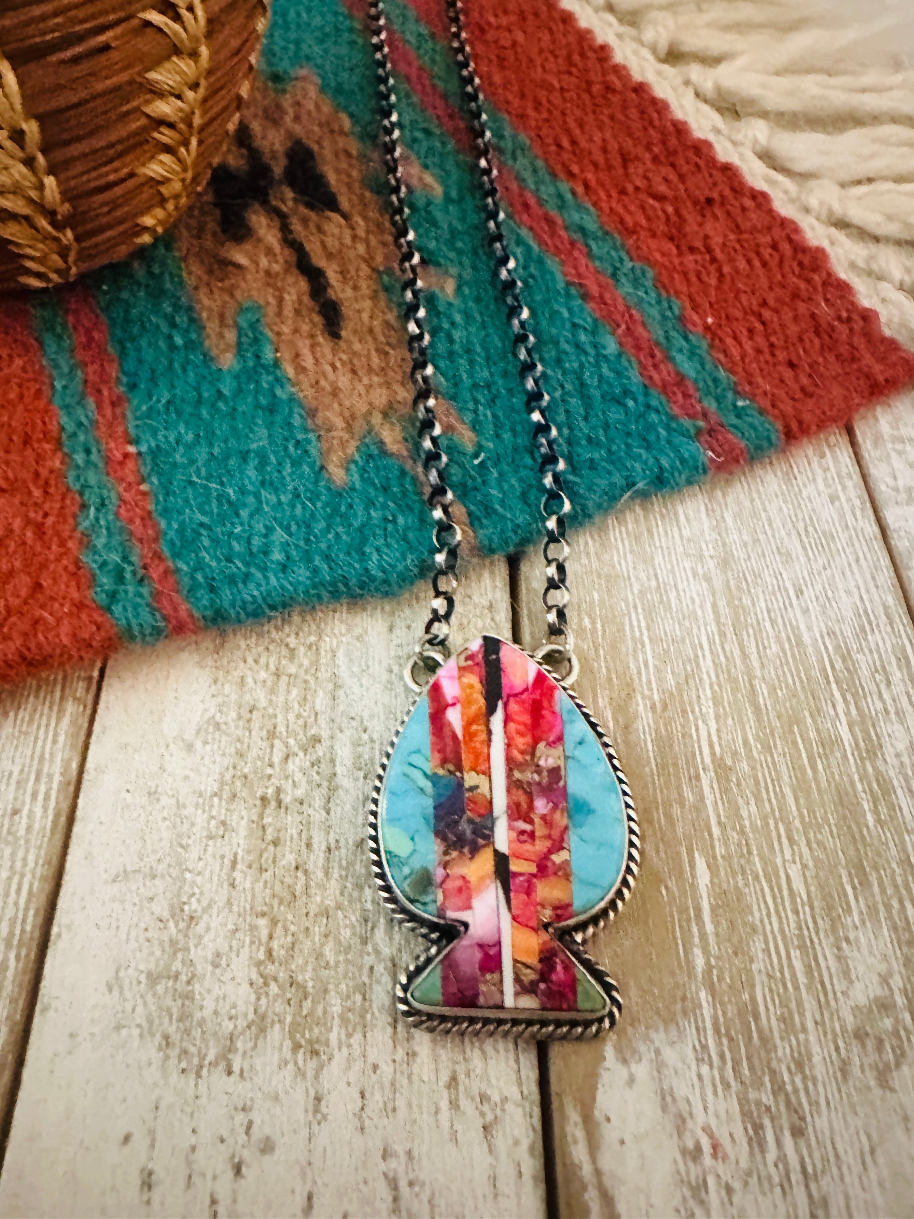 Navajo Sterling Silver & Multi Stone Inlay Spade Necklace