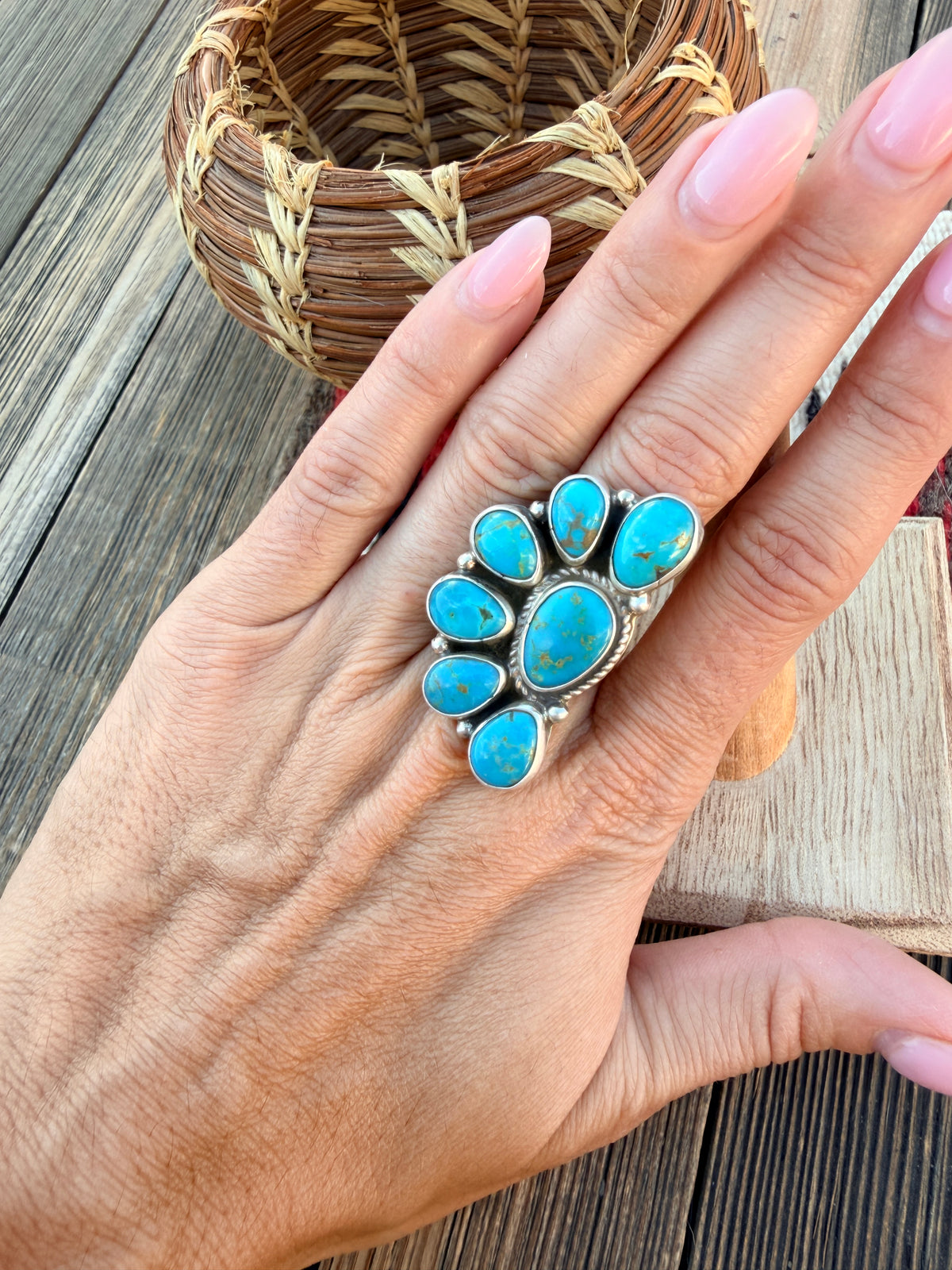 Handcrafted Turquoise & Sterling Silver Cluster Adjustable Ring by Geraldine James