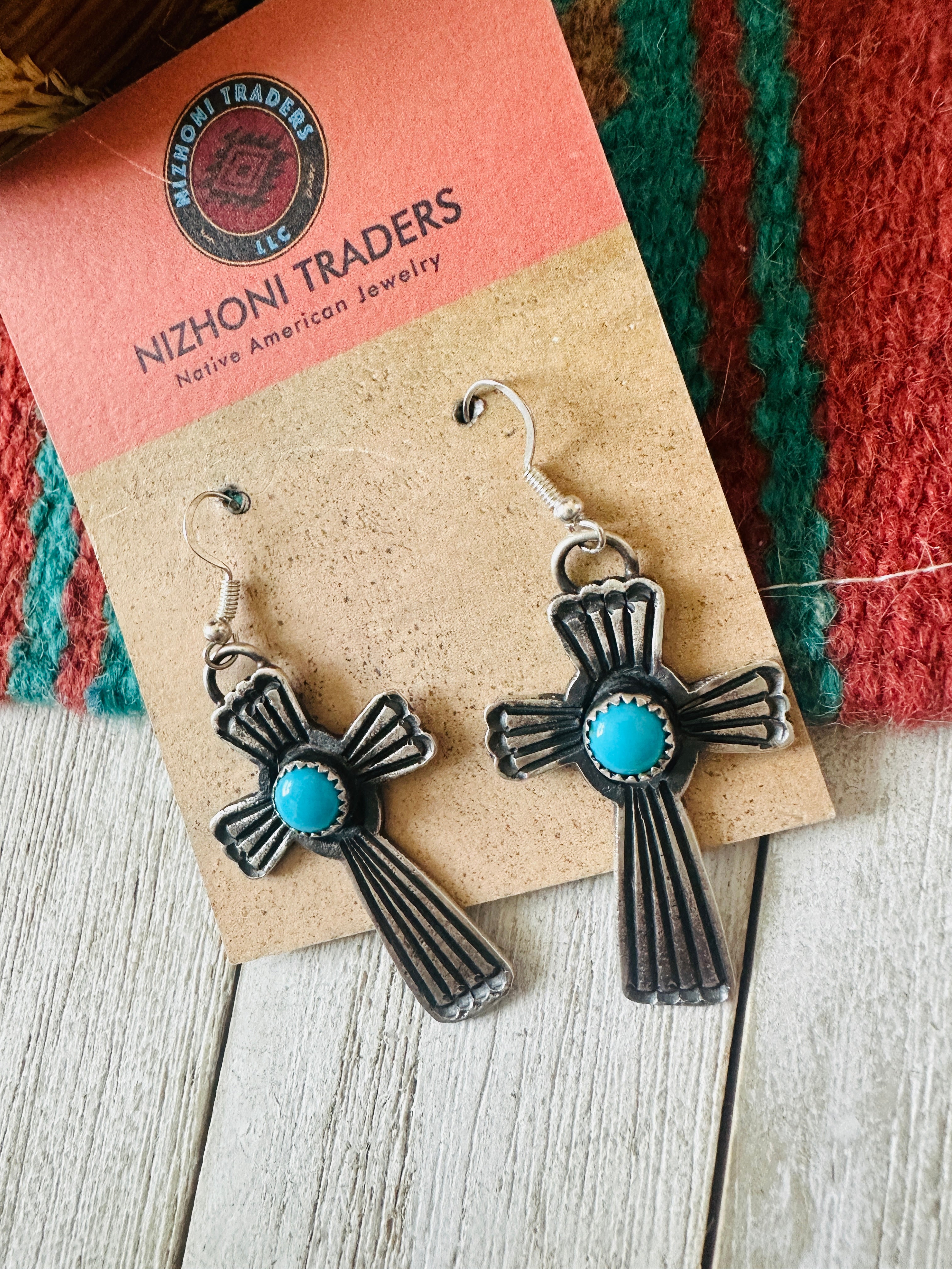 Navajo Sterling Silver & Turquoise Cross Dangle Earrings