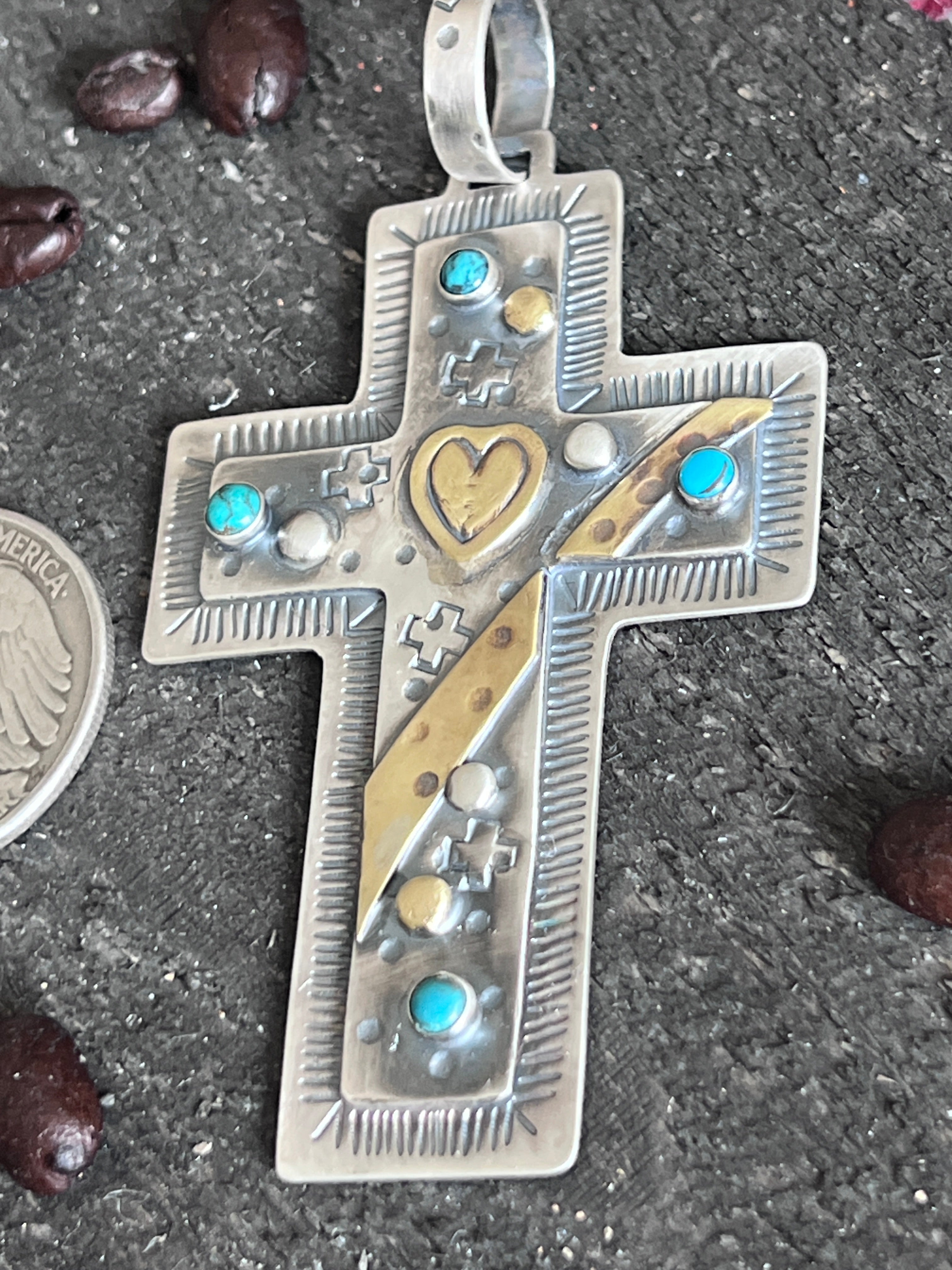 Hand Stamped Sterling Silver & Turquoise Cross Pendant w/ Brass Accents by Kimari Somers