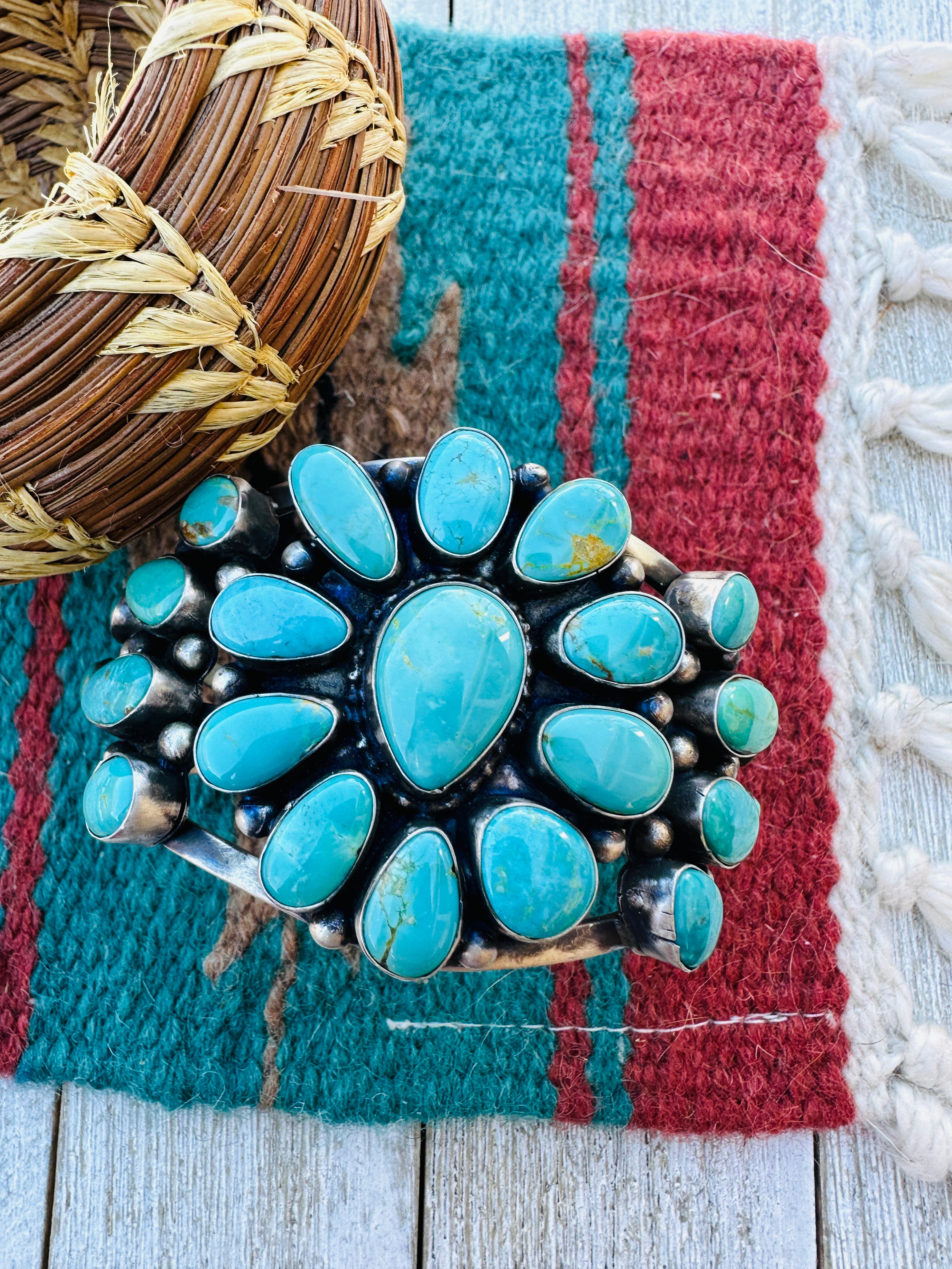 Handcrafted Sterling Silver & Blue Water Turquoise Cluster Cuff Bracelet by Bobby Johnson