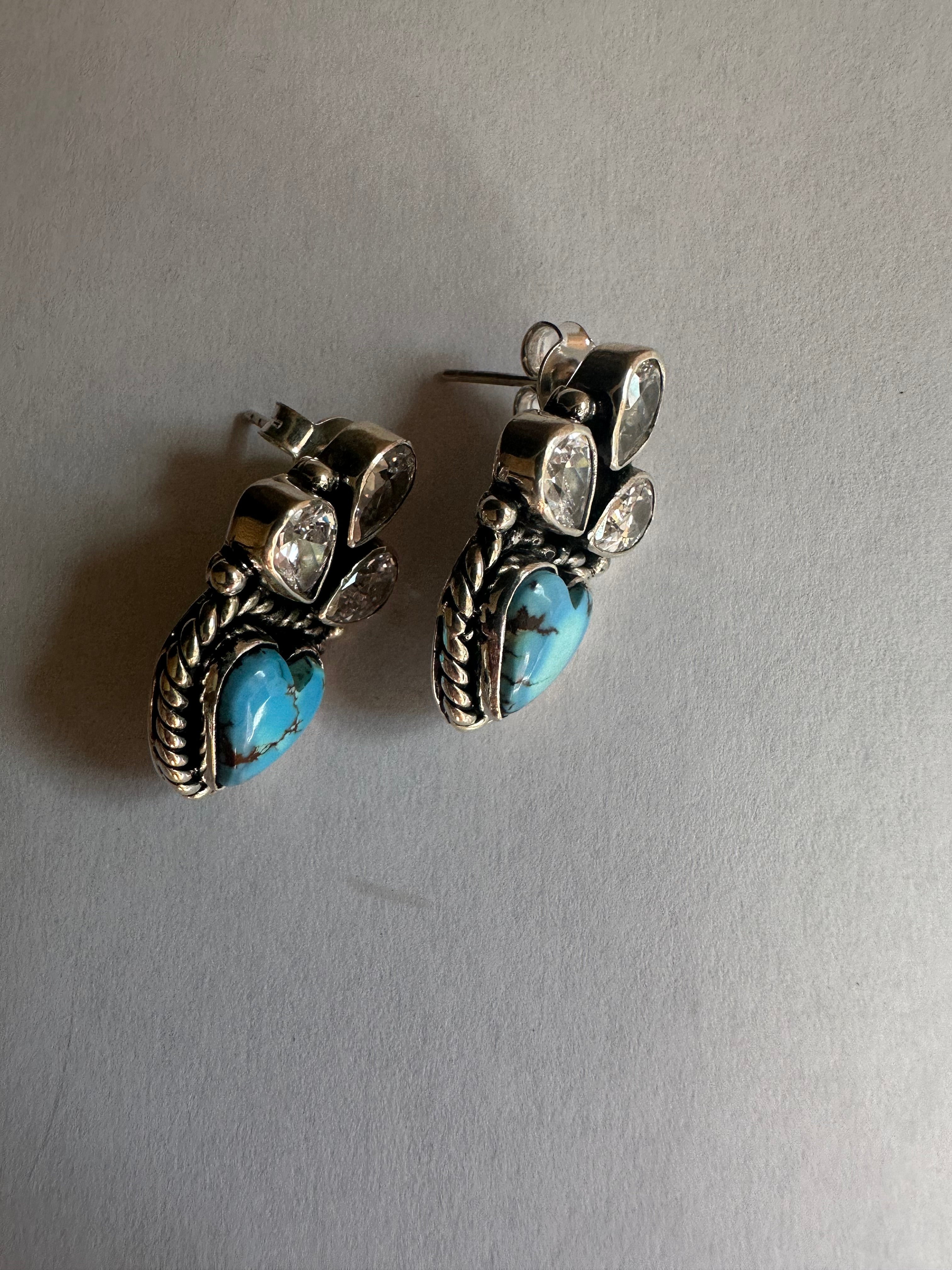 Handmade Golden Hills Turquoise, CZ and Sterling Silver Post Earrings