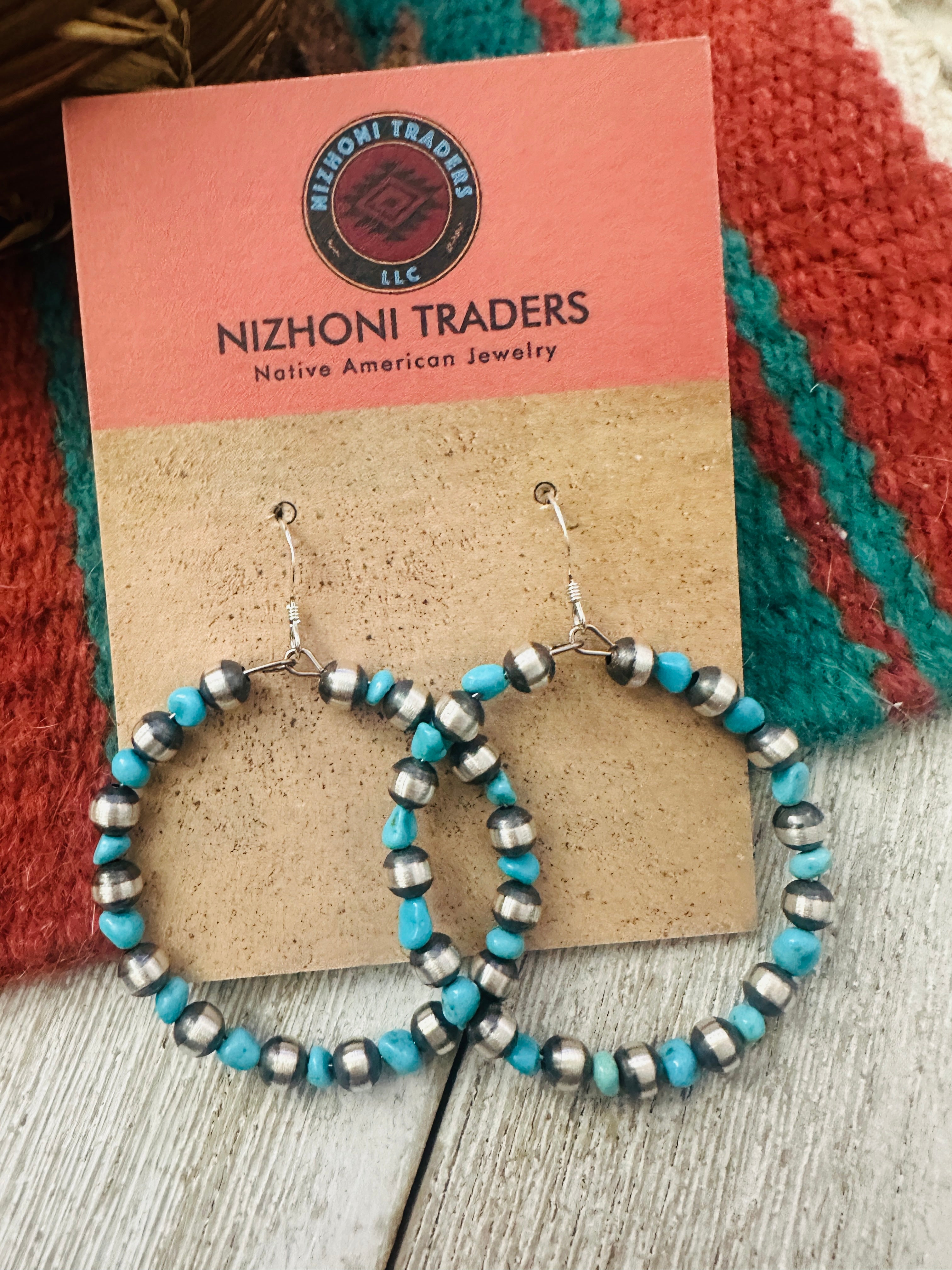 Handcrafted Turquoise & Sterling Silver Beaded Dangle Hoop Earrings